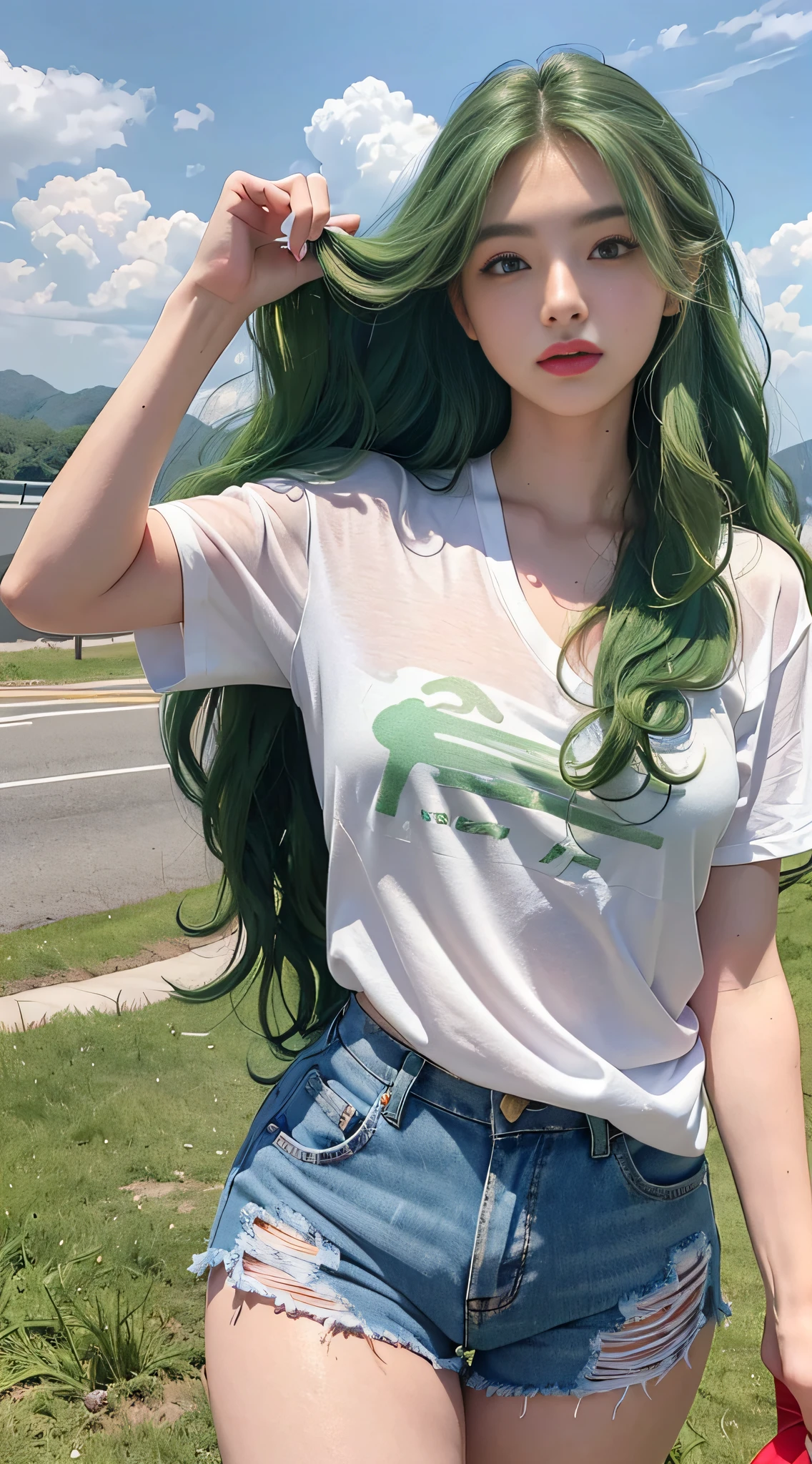 (Masterpiece, realistic, high resolution), (1 girl): 1.2), Korean, ((green wavy hair): 1.3), (heterochromic eyes: 1.1, thick eyebrows, small moles under the eyes), tie, (white shirt, red sweat shorts), ((medium breasts): 1.2, thighs), outdoors, blue sky and white clouds