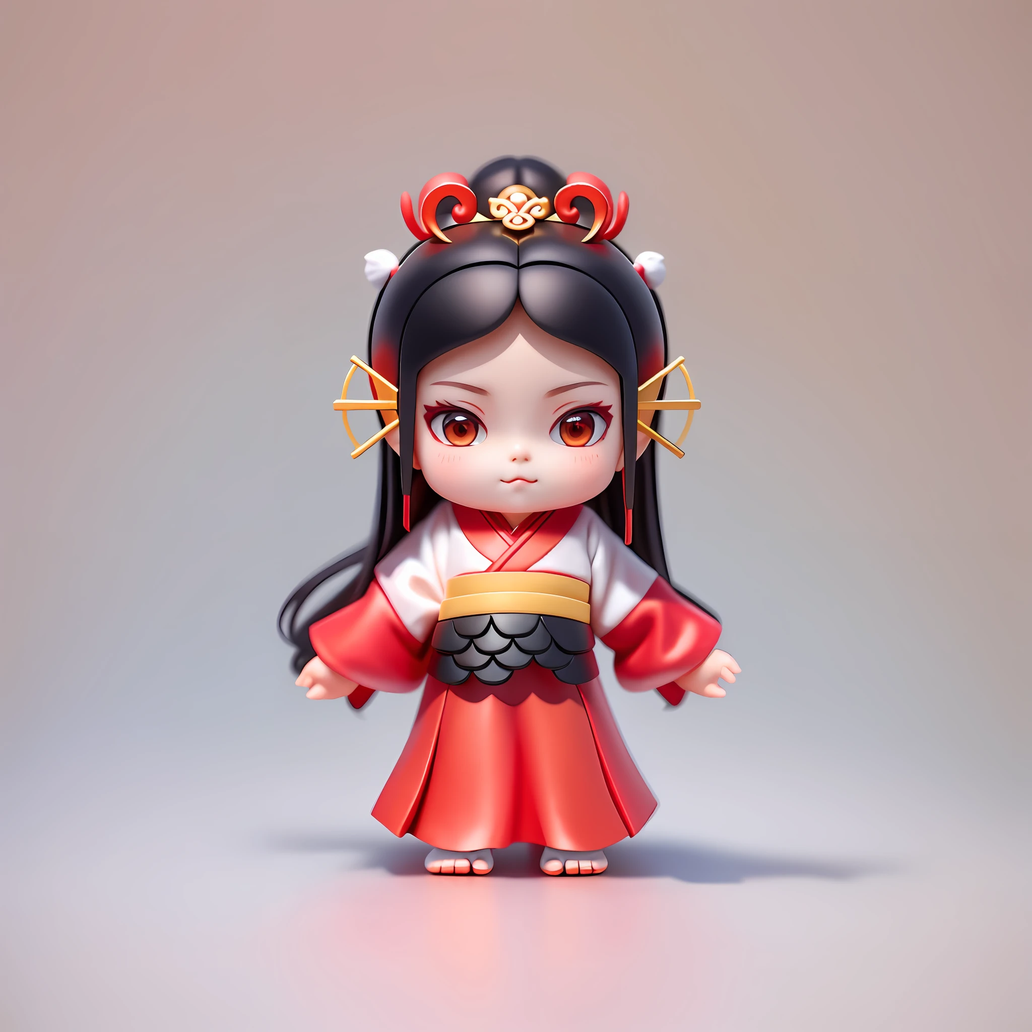 (Digital Painting), (Best Quality), Blind Box Toy Style, A Cute  Girl, Red Hanfu, Han Dynasty Headdress, Black Hair, Koi, White Background, Red Clothes, Barefoot, --auto --s2