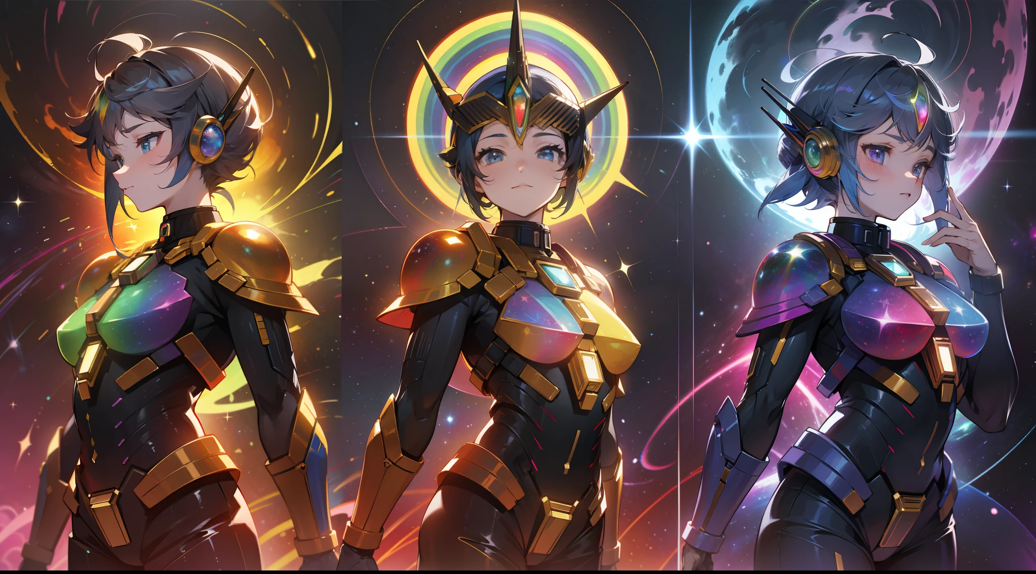 5 rainbow colored power rangers, rainbow colored cosmic nebula background, stars, galaxies