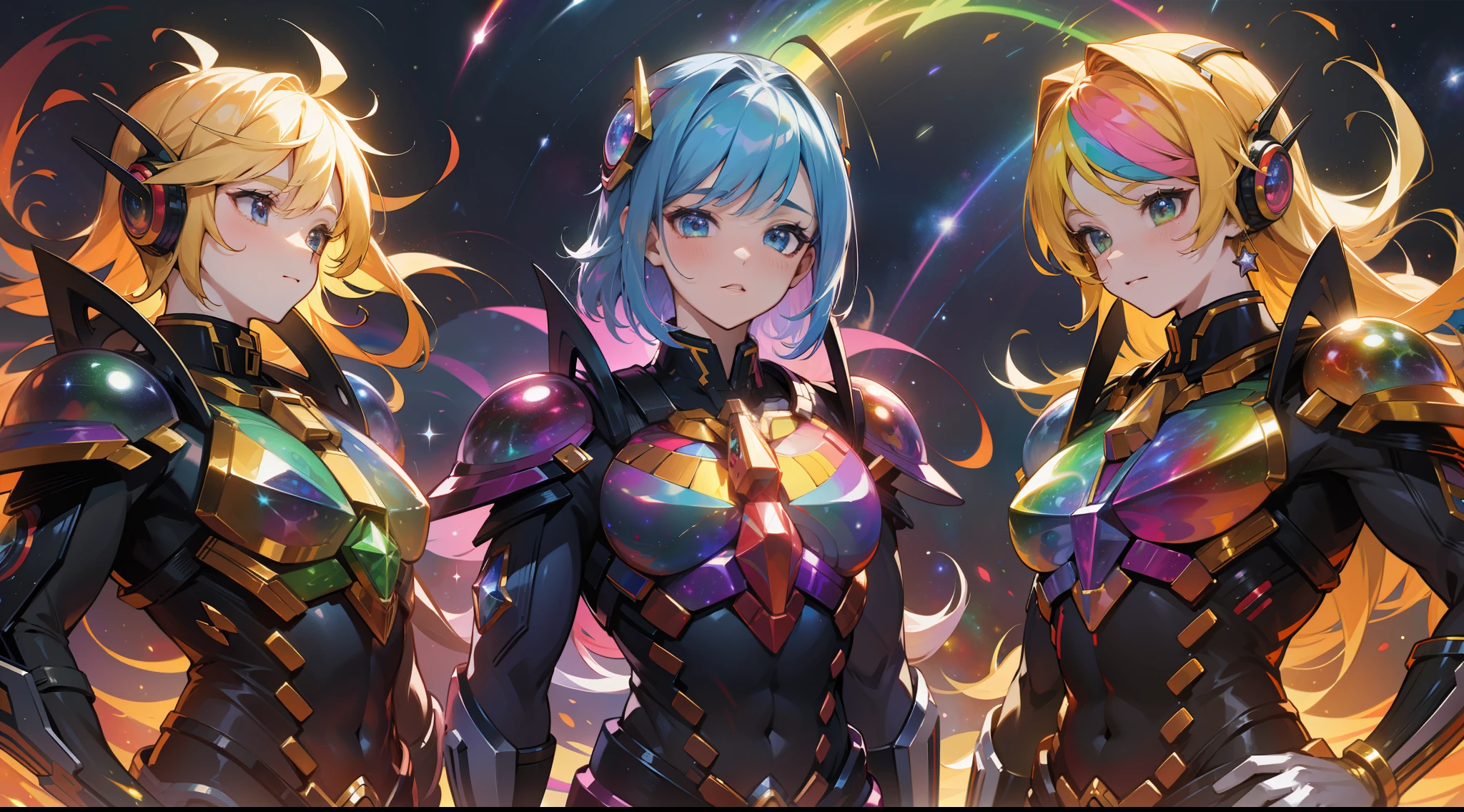 5 rainbow colored power rangers, rainbow colored cosmic nebula background, stars, galaxies