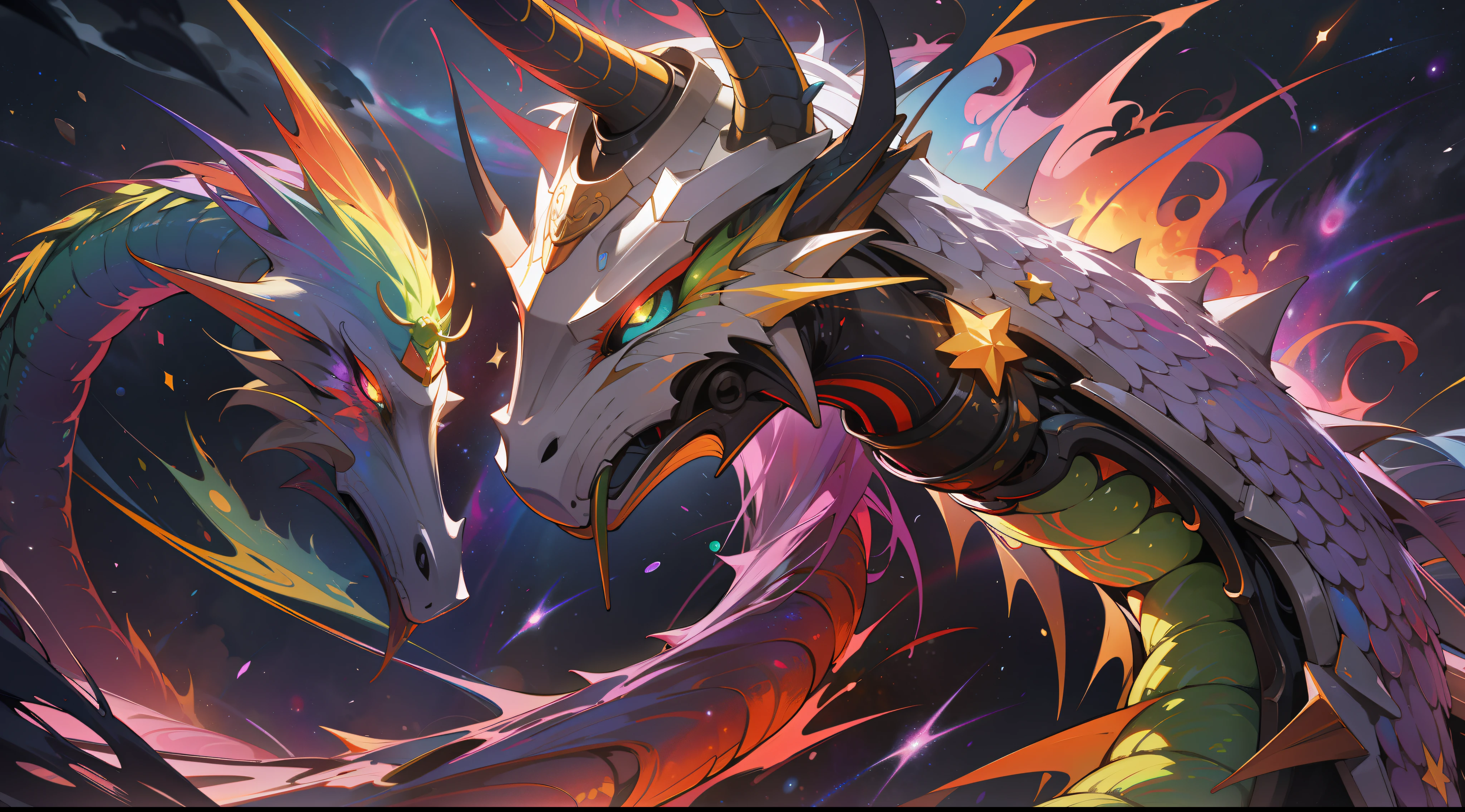 a rainbow colored dragon, rainbow colored cosmic nebula background, stars, galaxies