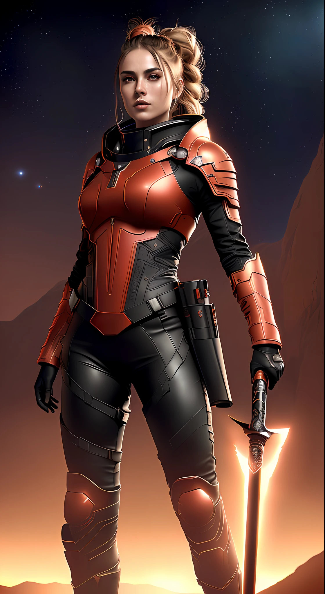 Beautiful female warrior of 20 years old, wearing tight red and black leather suit, long black leather boots, holding long sword in the right hand, whole body from head to toe, on the Mars, ultra detailed face, topknot hair style, perfect body ratio, stars and nebular backgrounds, extraterrestrial, celestial, Martian, Cosmic, galactic,surface of Mars, hyperrealistic, chiaroscuro, volumetric lighting, ultra detailed, masterpiece, photorealistic, perfect contrast, perfect lighting, 8k resolution)