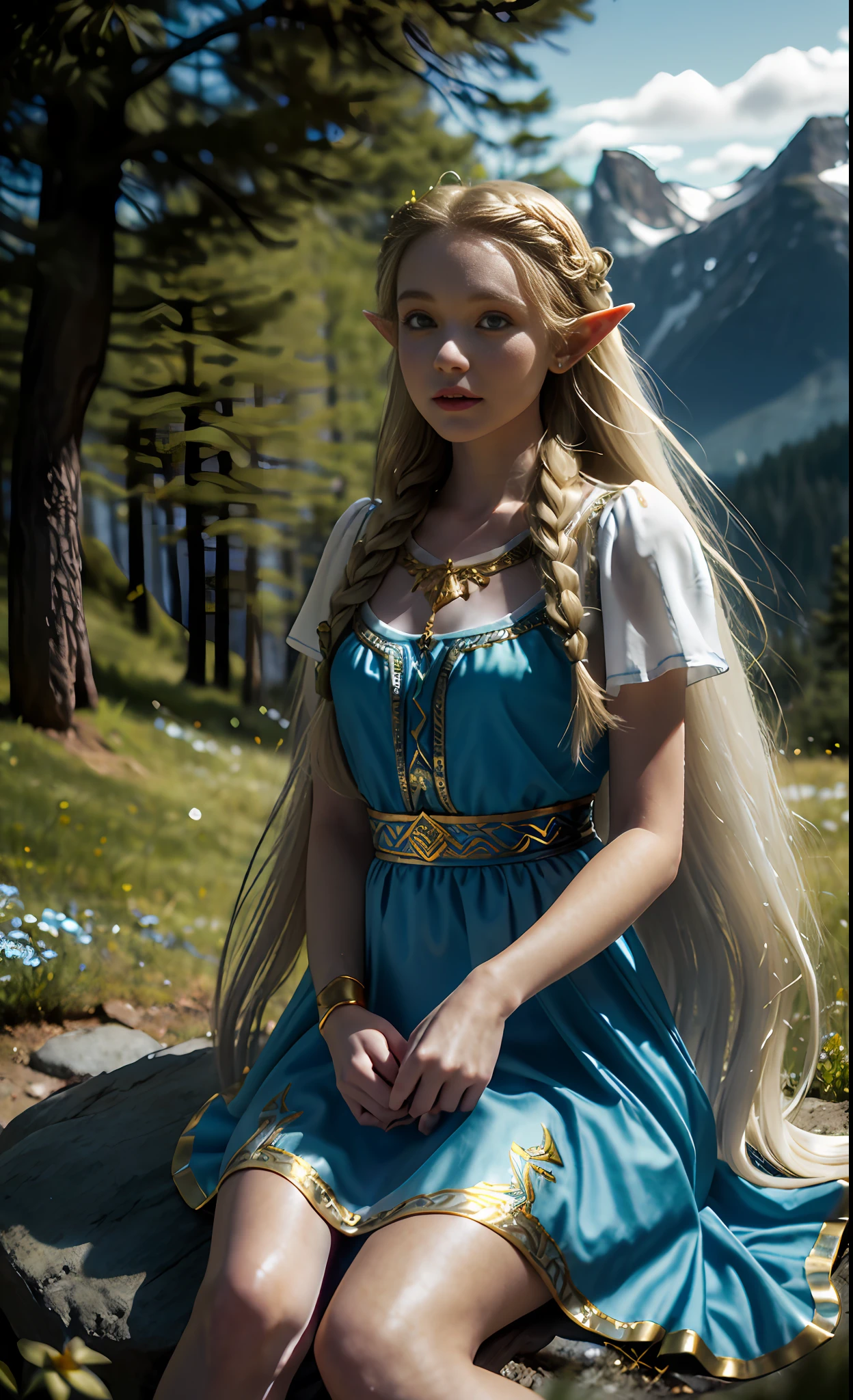 ((blurred background)) blonde, elf, blue dress, white skirt, European and American, forest, Disney, white long skirt with gold trim, golden decoration, girl, princess, The legend of zelda, rock, eyes, flowing hair, delicate hair, Nordic style, windblown hair, coiled hair, small braid, (distant mountains), Alps, meadows, sit down and hold elves
