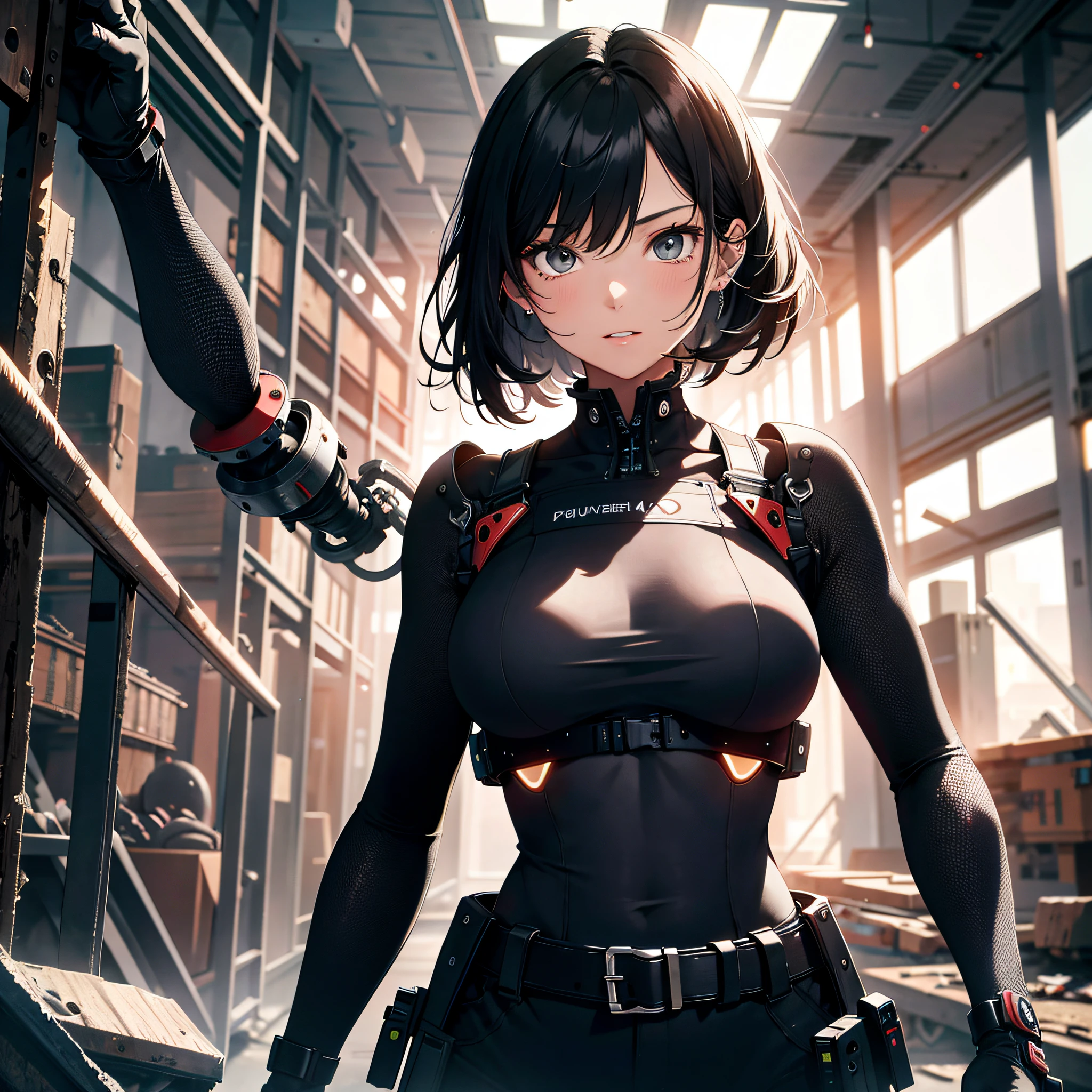 Absurd resolution, high resolution, (masterpiece: 1.4), hyper-detail, inside an abandoned factory, black-haired young woman dressed as a technician, very surprised and shocked expression, high-tech workbench, tech-sense screen, a lot of tech robotic arms