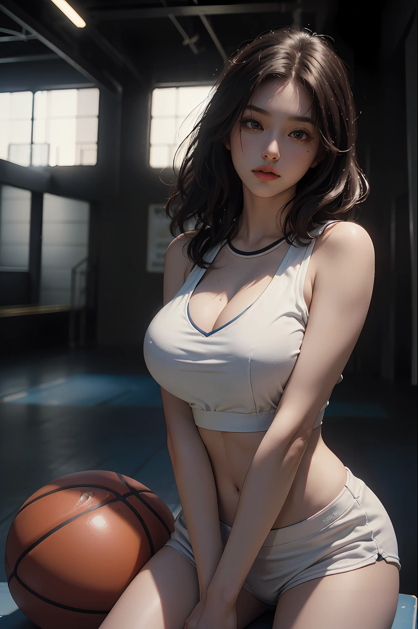 (RAW photo, 4k, masterpiece, high resolution, extremely complex) (realistic: 1.4), cinematic lighting Delicate girl with facial features
1 Girl, Single Focus, Summer Noon, Hot, 1990s\(Style\), Skin White, (Big Breast, Cleavage), (Best Quality), (Highres), (An Extremely Delicate and Beautiful),,(Beautiful 8k face),(Brown Eyes),(ulzzang-6500:1.0),(solo),( looking side),(spectators),(large breasts),(NBA),bent over,,lookside,(side), ,(Basketball sportswear),((Play basketball)),((gymnasium)),((speed)),(reality),