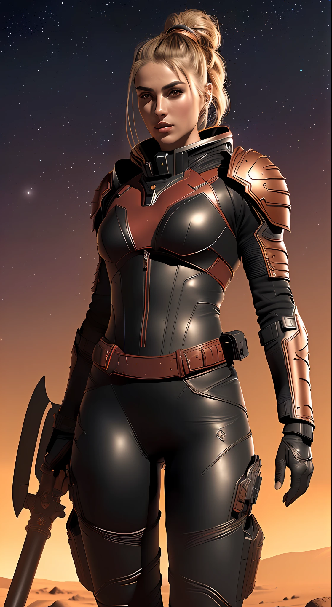 Beautiful female warrior of 20 years old, wearing tight red and black leather suit, long black leather boots, holding long sword in the right hand, whole body from head to toe, on the Mars, ultra detailed face, topknot hair style, perfect body ratio, stars and nebular backgrounds, extraterrestrial, celestial, Martian, Cosmic, galactic,surface of Mars, hyperrealistic, chiaroscuro, volumetric lighting, ultra detailed, masterpiece, photorealistic, perfect contrast, perfect lighting, 8k resolution)