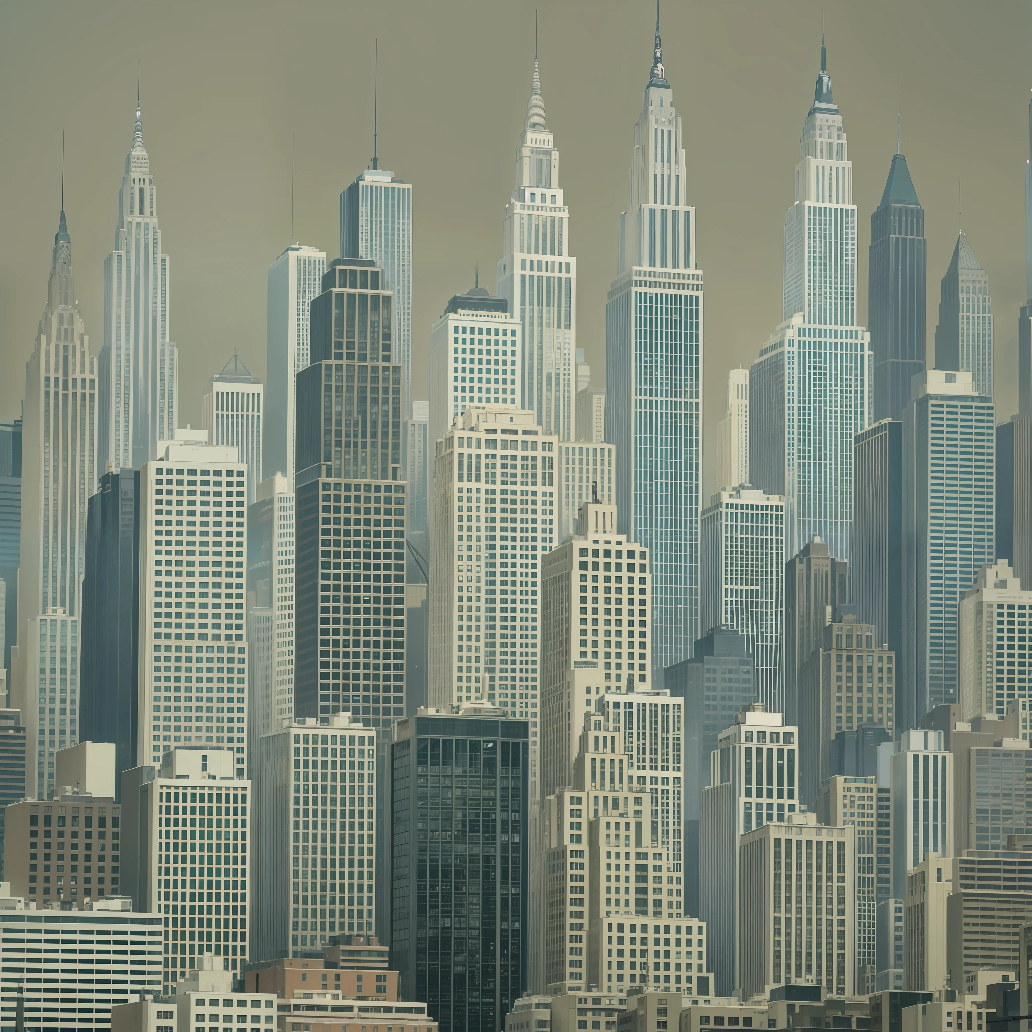 New York City: An iconic skyline with famous buildings such as the Empire State Building, Chrysler Building, One World Trade Center, and more. Yellow taxis and busy streets add to the lively atmosphere. Graphic Illustration, Pop, Transparency, Lignes Claire style, Wataseizou style, Delicate Details, Detailed Background, Delicate Pattern, High Quality, High Quality, High Resolution, 8K, Masterpiece