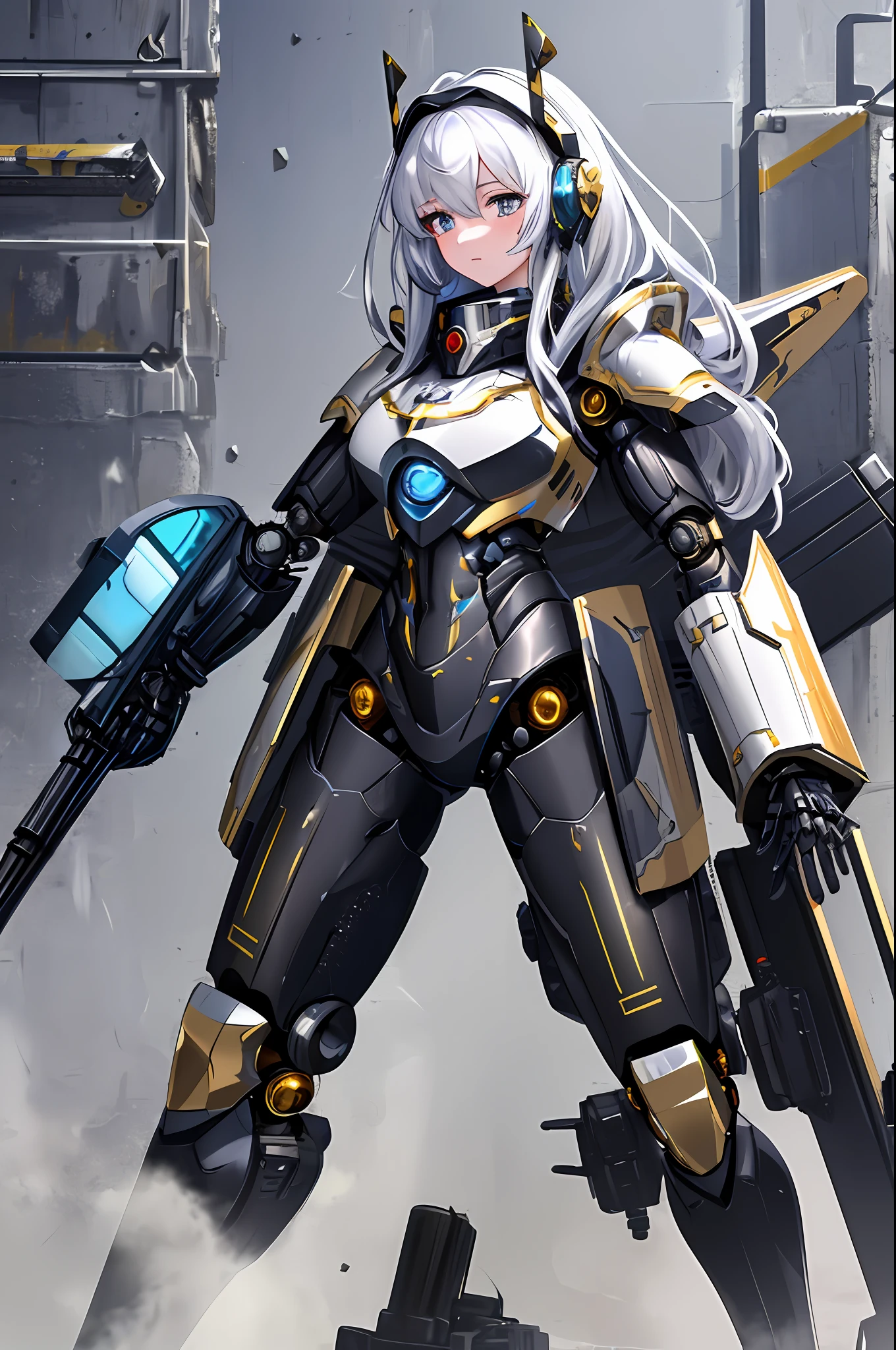 Top quality, masterpieces, masterpieces, highly detailed 8k wallpapers, female robots, headgear covered up to the ears, limbs of mechanical joints, the whole body covered with heavy mechanical armor, connected cables, tubes connecting the body, long white hair, thrusters and shields on both shoulders, open stance, cowboy_shot, devastated urban combat,