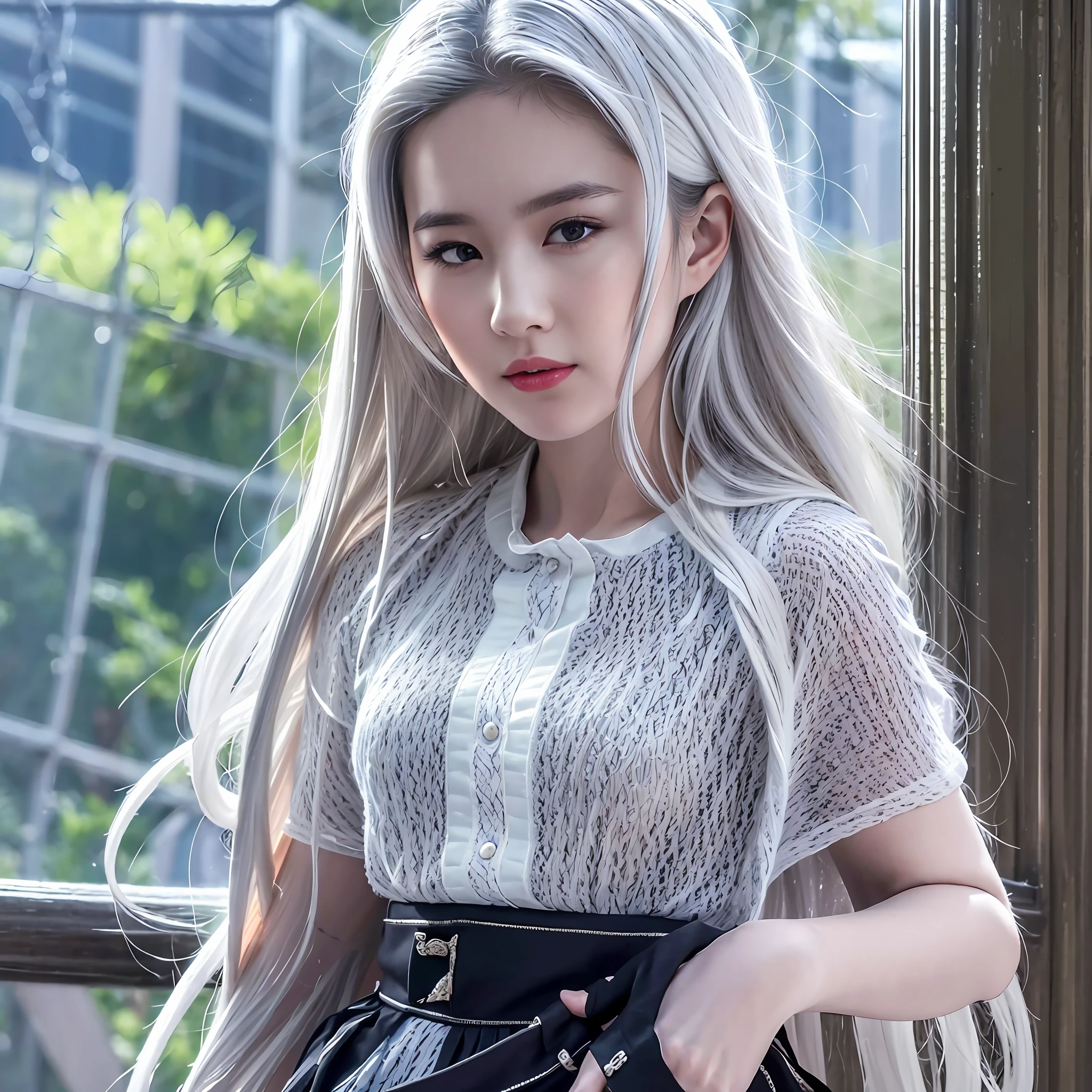(RAW Photo, Best Quality), (Reality), Photo, Best Quality, Masterpiece, Extremely Delicate Beauty, Extremely Detailed, CG, Unified, 2k Wallpaper, Fine Detail, Masterpiece, Best Quality, Huge File Size, Ultra Detailed, High Resolution, Very Detailed, 1 Girl, Slim Body, (Short Sleeve Shirt: 1.1), (Uniform: 1.1), (Pleated Skirt: 1.1), Porcelain Leather, (White Hair), (Hair Accessory), Looking at the Audience, Close-up of Face, Straight Hair, Extremely detailed face, Extremely detailed eyes, seductive smiles, rain, --auto --s2