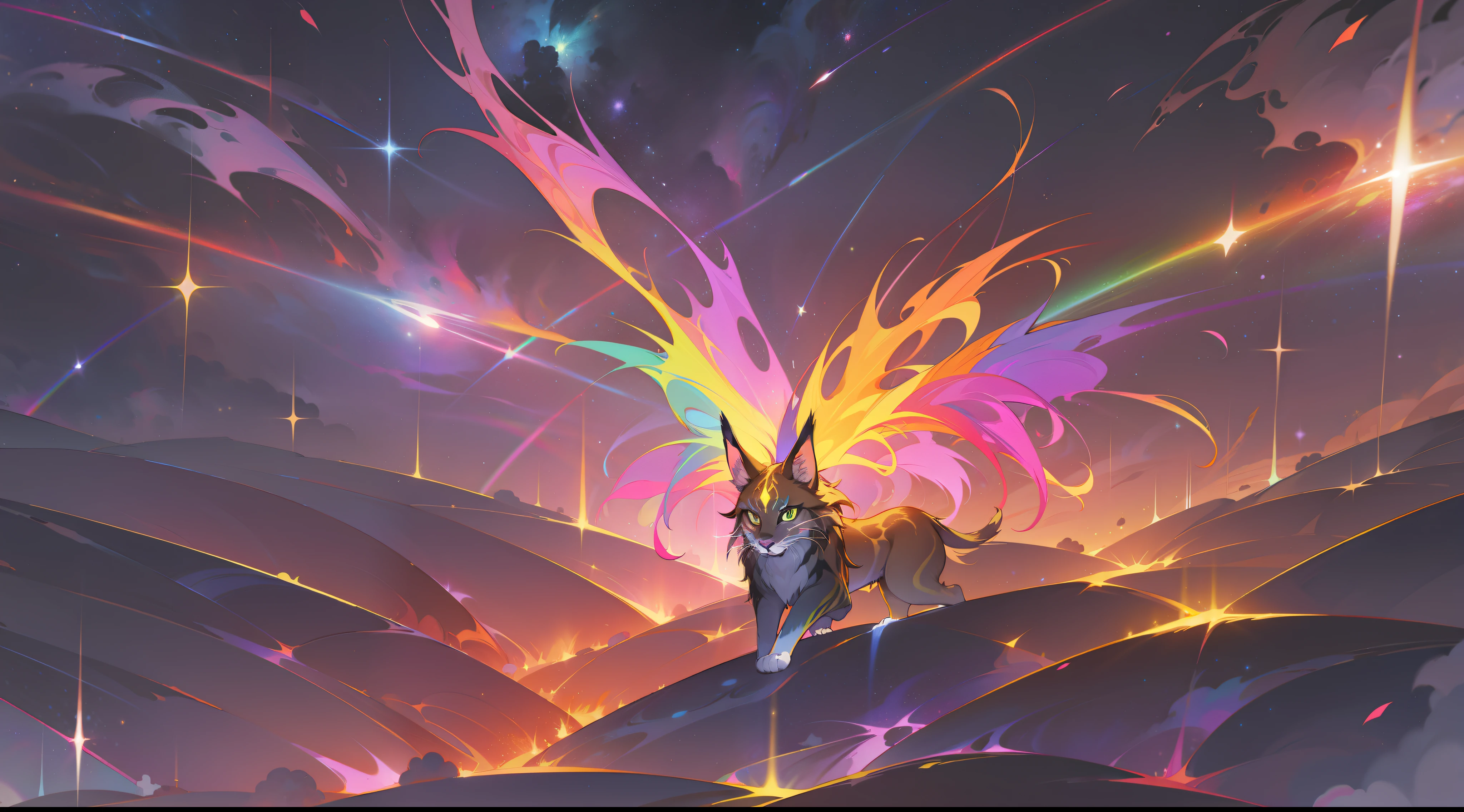 a rainbow colored lynx, rainbow colored cosmic nebula background, stars, galaxies