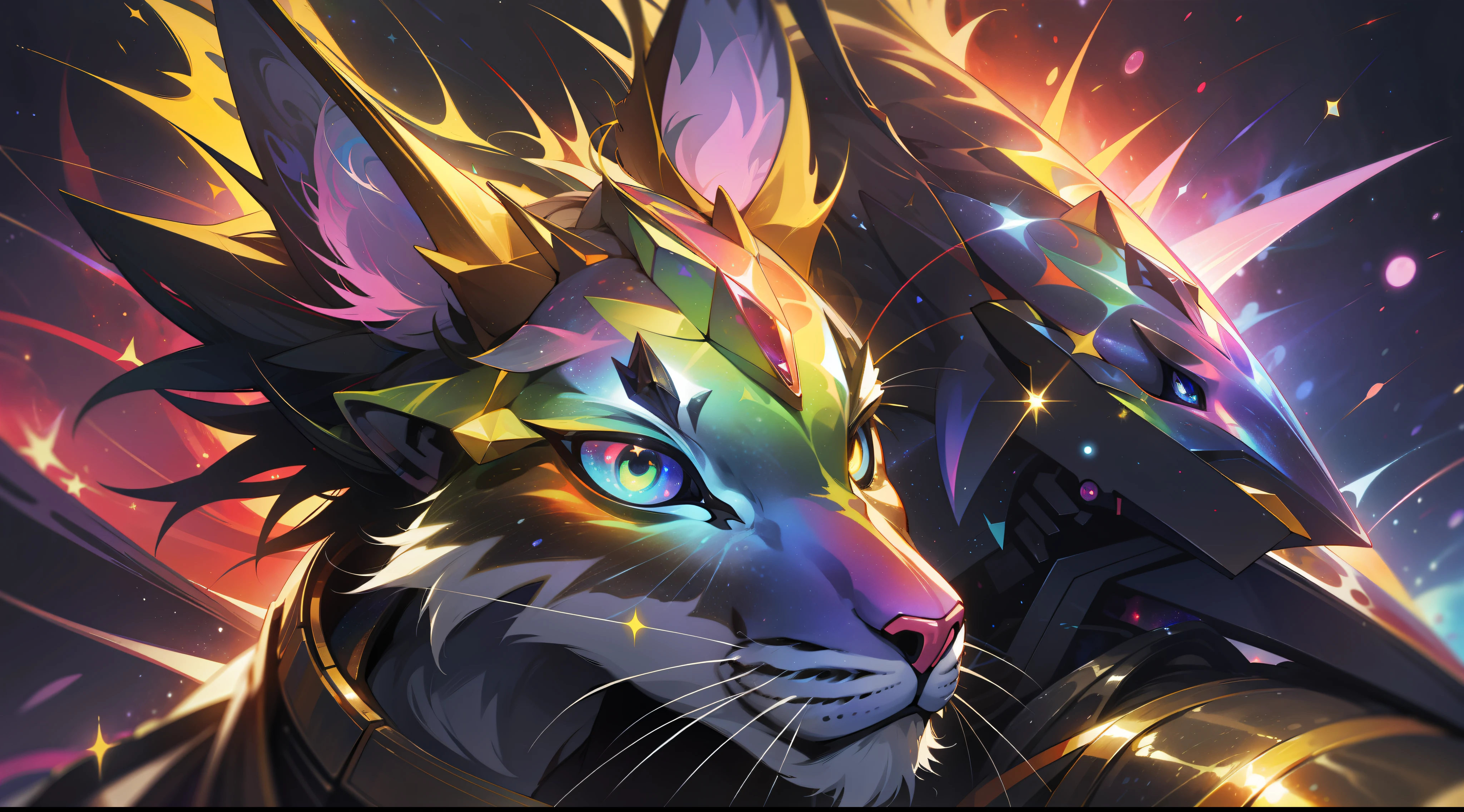 a rainbow colored lynx, rainbow colored cosmic nebula background, stars, galaxies