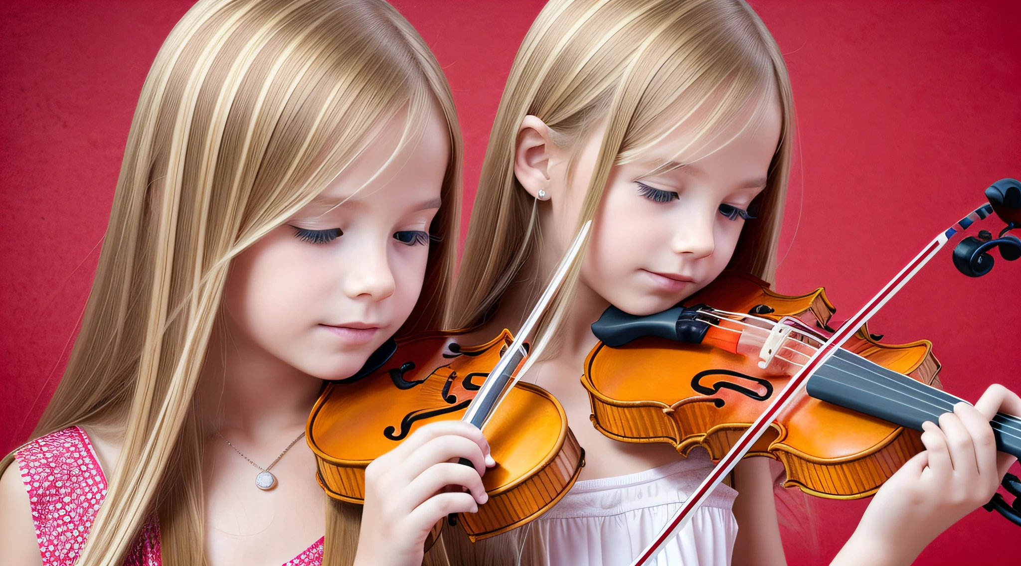girls blonde children WITH STRAIGHT HAIR, RED BACKGROUND, Professional photo, full portrait, beautiful, sexy, 38age, standing, playing a violin. --auto --s2
