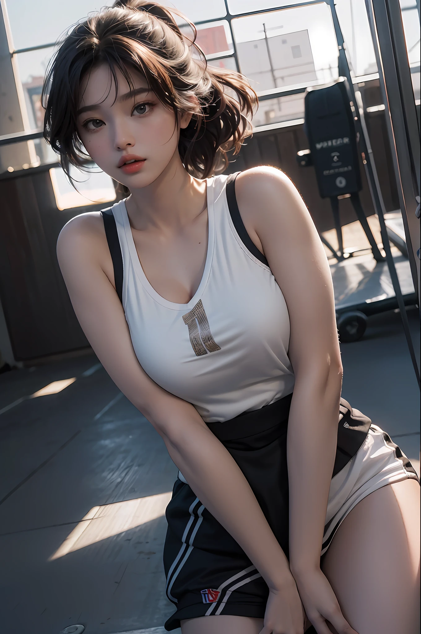 (RAW photo, 4k, masterpiece, high resolution, extremely complex) (realistic: 1.4), cinematic lighting Delicate girl with facial features
1 Girl, Single Focus, Summer Noon, Hot, 1990s\(Style\), Skin White, (Big Breast, Cleavage), (Best Quality), (Highres), (An Extremely Delicate and Beautiful),,(Beautiful 8k face),(Brown Eyes),(ulzzang-6500:1.0),(solo),( looking side),(spectators),(large breasts),(NBA),bent over,,lookside,(side), ,(Basketball sportswear),((Play basketball)),((gymnasium)),((speed)),(reality),