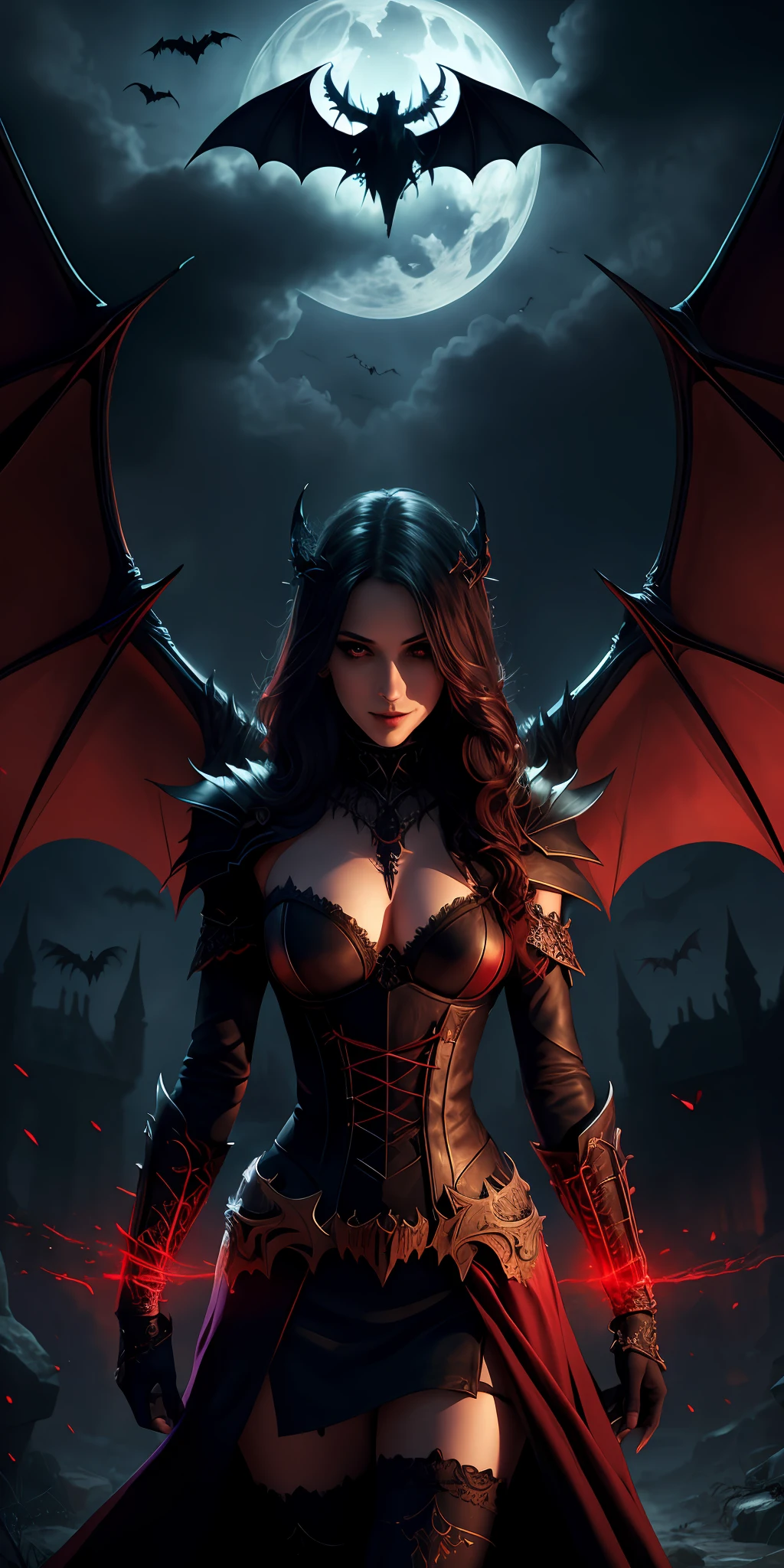 Fine, (Best Illustration), 8k Resolution, Intricate Details, Best Quality, Realistic, Ultra Detailed, Best Lighting, Best Shadows, Ultra HD, A Necromancer, Night, Magic, Dark Style, Vampire, Bat wings, red glowing eyes