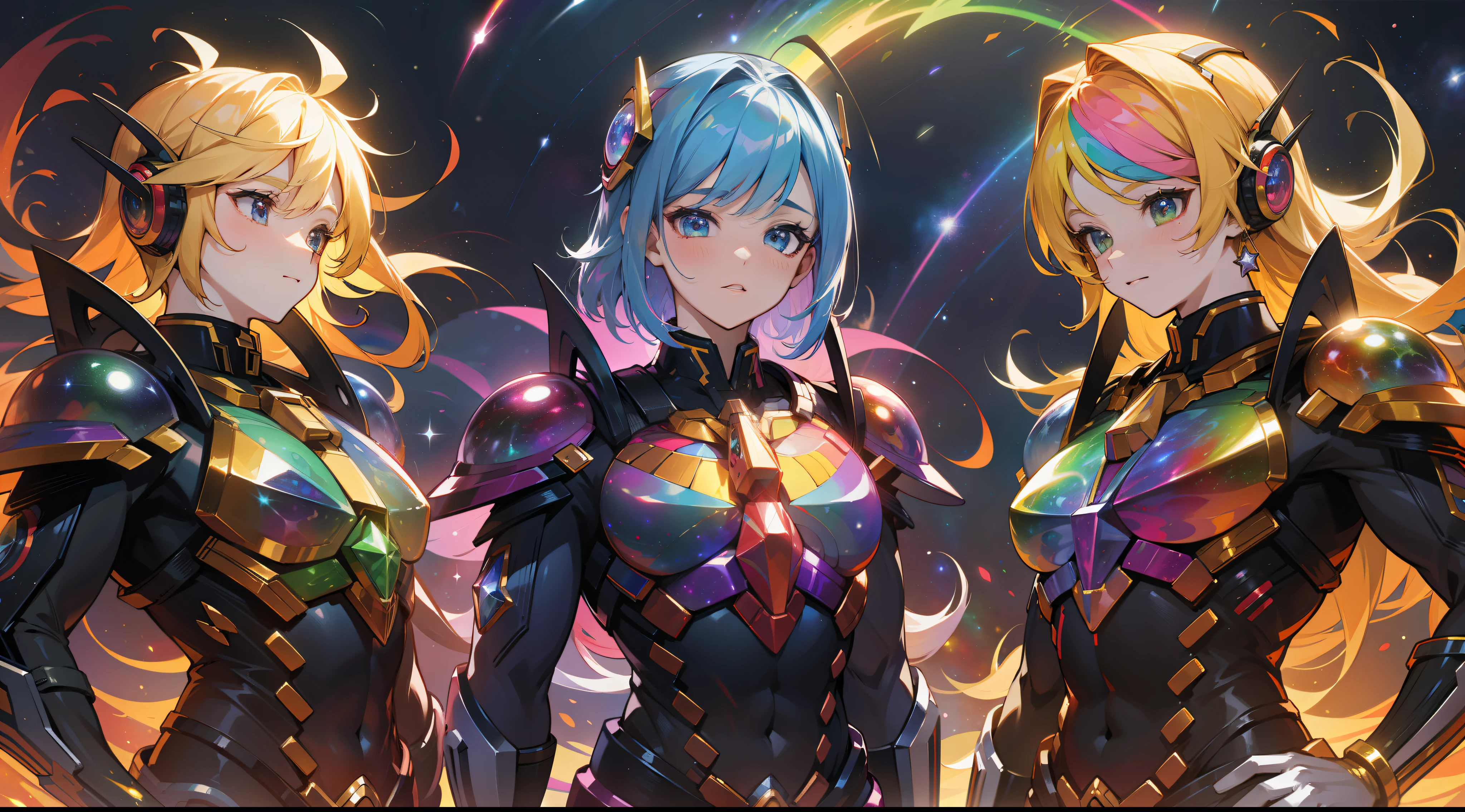 5 rainbow colored power rangers, rainbow colored cosmic nebula background, stars, galaxies