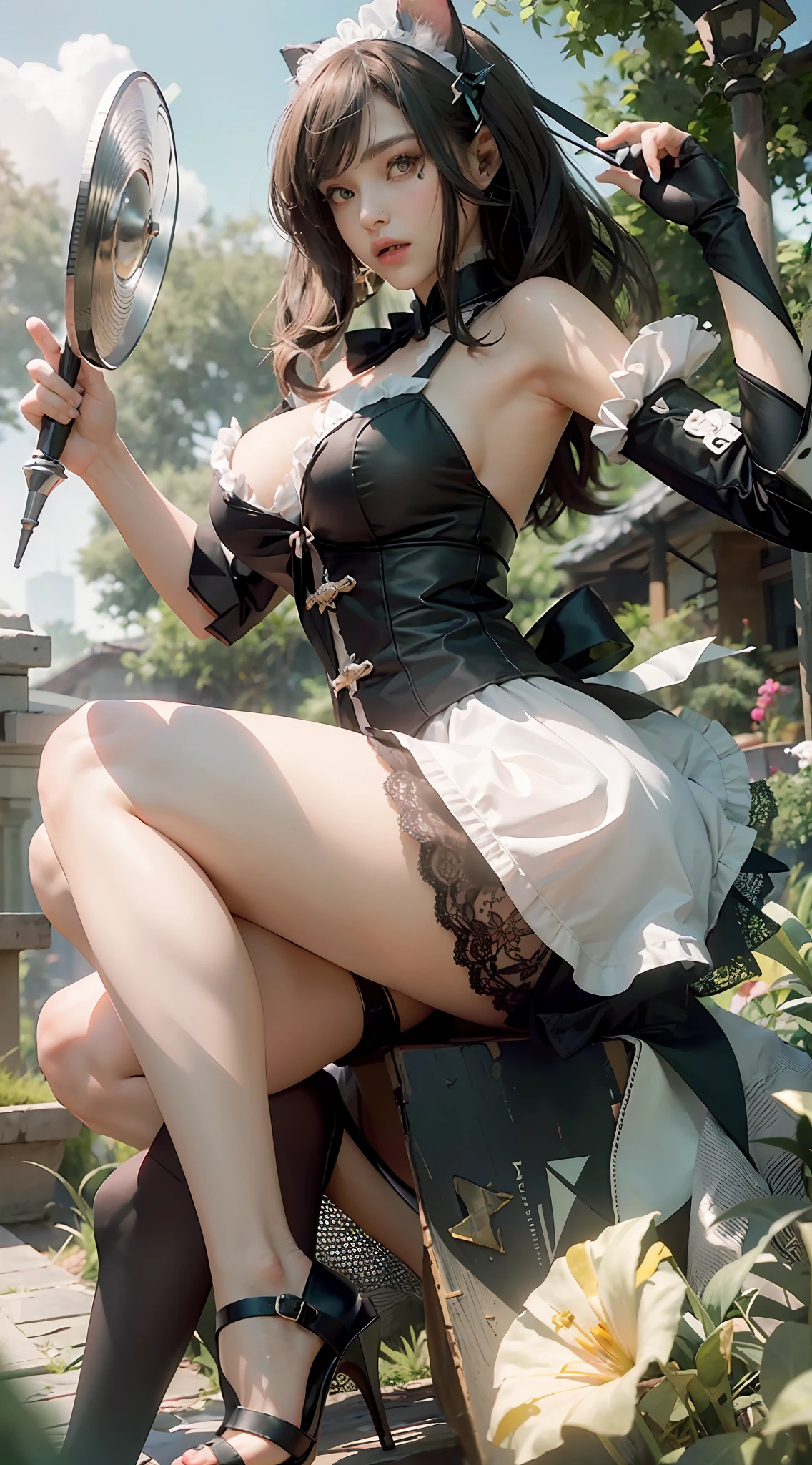 ((Best Quality)), ((Masterpiece)), (Details: 1.4), 3D, Single, A Beautiful Cat-Lady Maid, (Maid Outfit, Lace Lace Dress: 1.9), (A Pair of Cat Ears: 1.6) (Green Pupils: 1.5) (High Heels: 1.4), Normal Body Proportions, HDR (High Dynamic Range), Ray Tracing, NVIDIA RTX, Super-Resolution, Unreal 5, Subsurface Scattering, PBR Textures, Post-processing, anisotropic filtering, depth of field, maximum sharpness and sharpness, multi-layer textures, albedo and highlight mapping, surface shading, accurate simulation of light-material interactions, perfect proportions, Octane Render, two-color light, large aperture, low ISO, white balance, rule of thirds, 8K RAW,