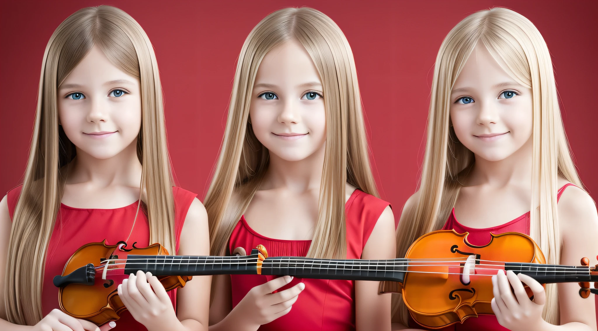 girls blonde children WITH STRAIGHT HAIR, RED BACKGROUND, Professional photo, full portrait, beautiful, sexy, 38age, standing, playing a violin. --auto --s2