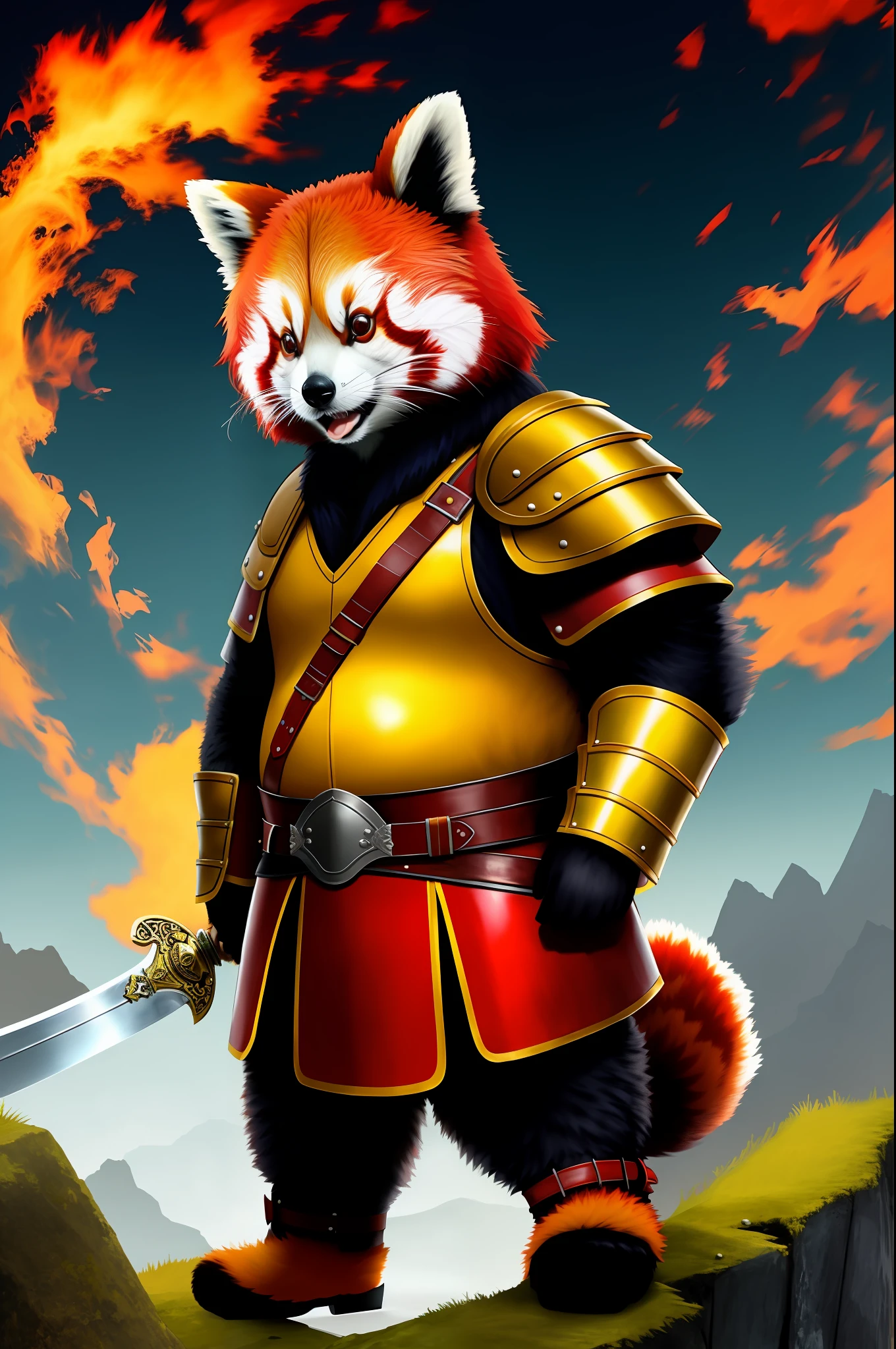 Red panda, fat, large, fantasy, red hair, sword in hands, simple leather armour