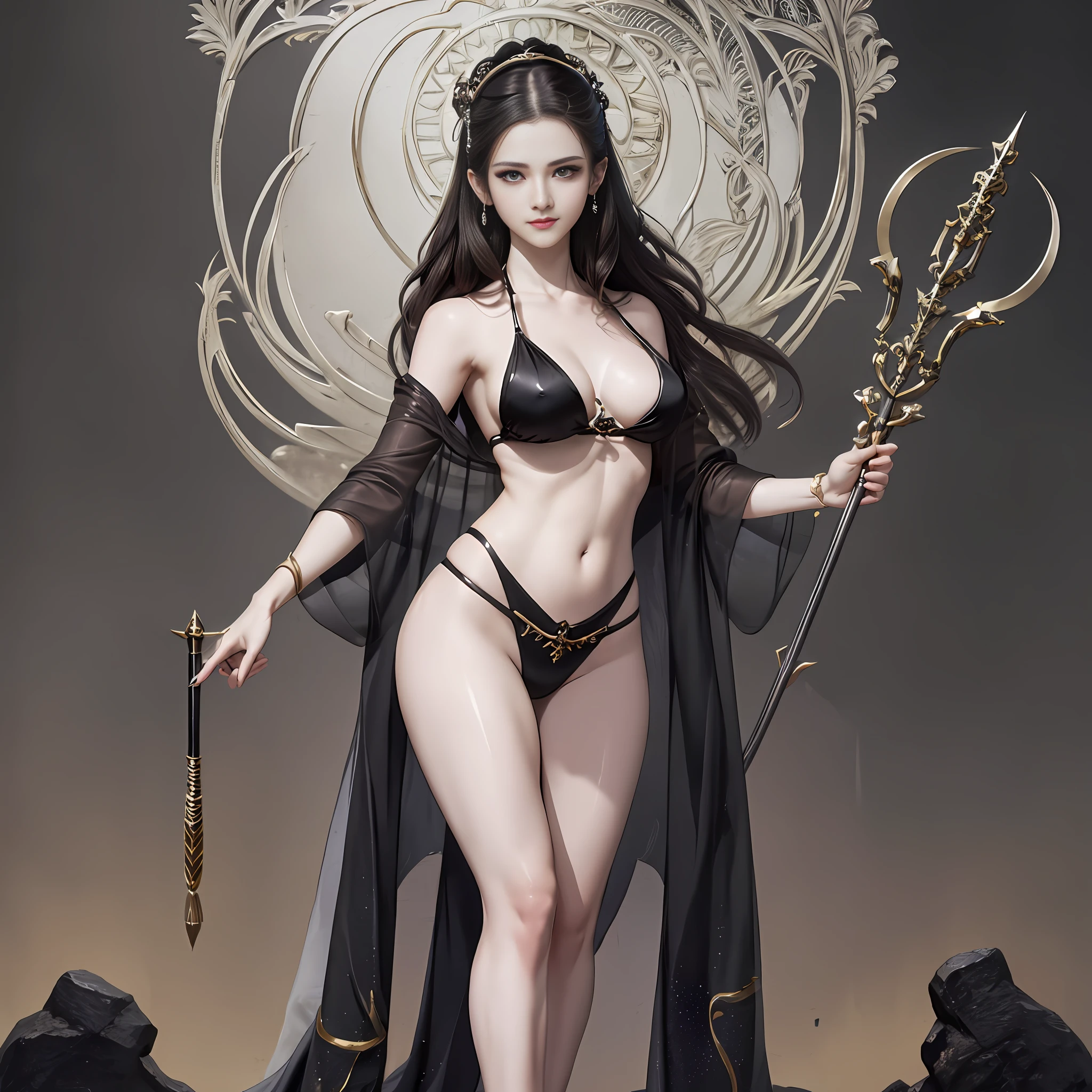 Masterpiece, 8k wallpaper, great master black and white work, sexy tribal mature woman in sexy costume holding spear standing on the land of magnificent barbaric world, bikini, mature body, slender legs, perfect abdomen, exquisite facial details, beautiful character painting, highly detailed exquisite fan art, full body standing, full body fairy, G Liulian's artistic style, inspired by Lan Ying, by Yang J, she holds a long staff, inspired by Du Qiong, inspired by Qu Leilei, inspired by Wu Zhun Shifan, the ultimate dark art, perfect model height, 180cm height, charming smile, soft professional cinematic lighting, light and shadow following, perfect contour light