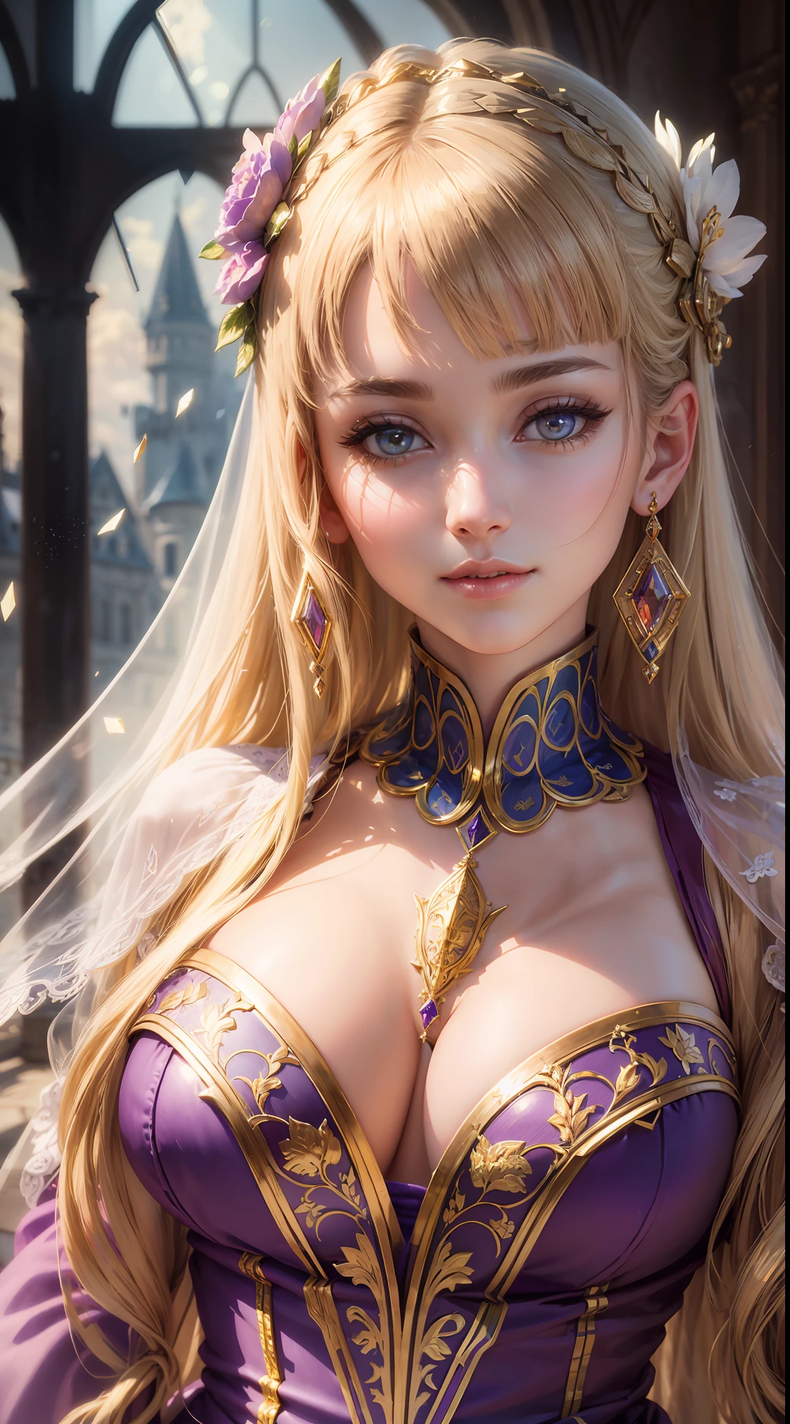 (absurd, high resolution, super detail), 1 girl, adult woman, (full body), blonde beautiful long hair, dull bangs, crystal clear purple eyes, fine craftsmanship shines dress, gold beautiful and detailed decoration, fine detailed eyes and detailed face, intricate details, BREAK mosaic art, glass pieces, intricate patterns, durable surface, intricate details, enlarged texture, stunning clarity, hidden beauty, artisanal work, unique design, intricate details, creative expression, skilled craftsmanship, looking towards the viewer, whole body, (Masterpiece)))), (highest quality)))), ((Ultra detailed)), (Illustration))), (Detail light), ((Very delicate and beautiful)), (Beautiful detail eyes), (Lighting drop reflection), HDR, Exquisite lighting and shadows, very dramatic images, Cinematic lens, charming smile, woman one, (((background is a castle of medieval European aristocracy))) (excellent detail, good lighting, wide angle), (excellent rendering, enough to stand out in it), class, solo, confetti, looking towards the viewer, beautiful detail hairstyles and beautiful detail hair accessories, colorful light refraction, light particles,