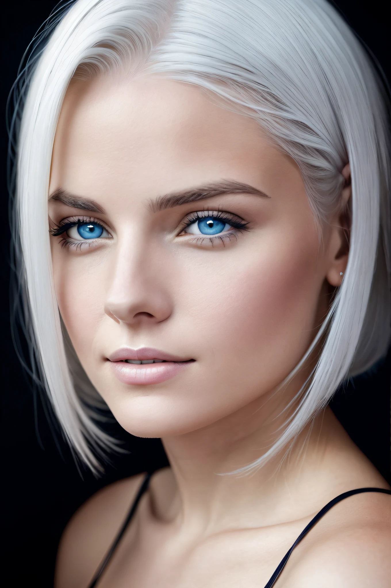 portrait of a 28-year-old woman with natural, smooth, light-colored face, white hair, and blue eyes, set against a dark background)