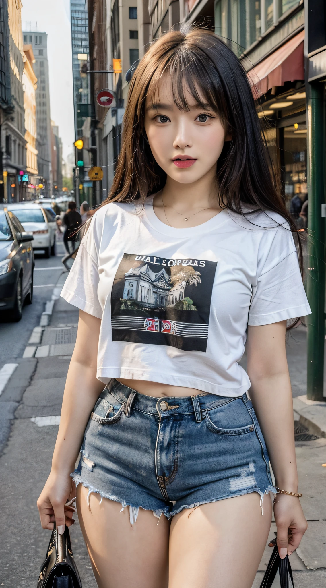 ((Best Quality, 8k, Masterpiece: 1.3)), Chubby Beauty: 1.4, 30 years old, Chinese female, mature, full: 1.6, thigh volume: 1.6, long hair, highly detailed face and skin texture, fine eyes, double eyelids, chubby face, thin lips, smile, fair skin, (T-shirt, shorts: 1.6), standing posture, city street background