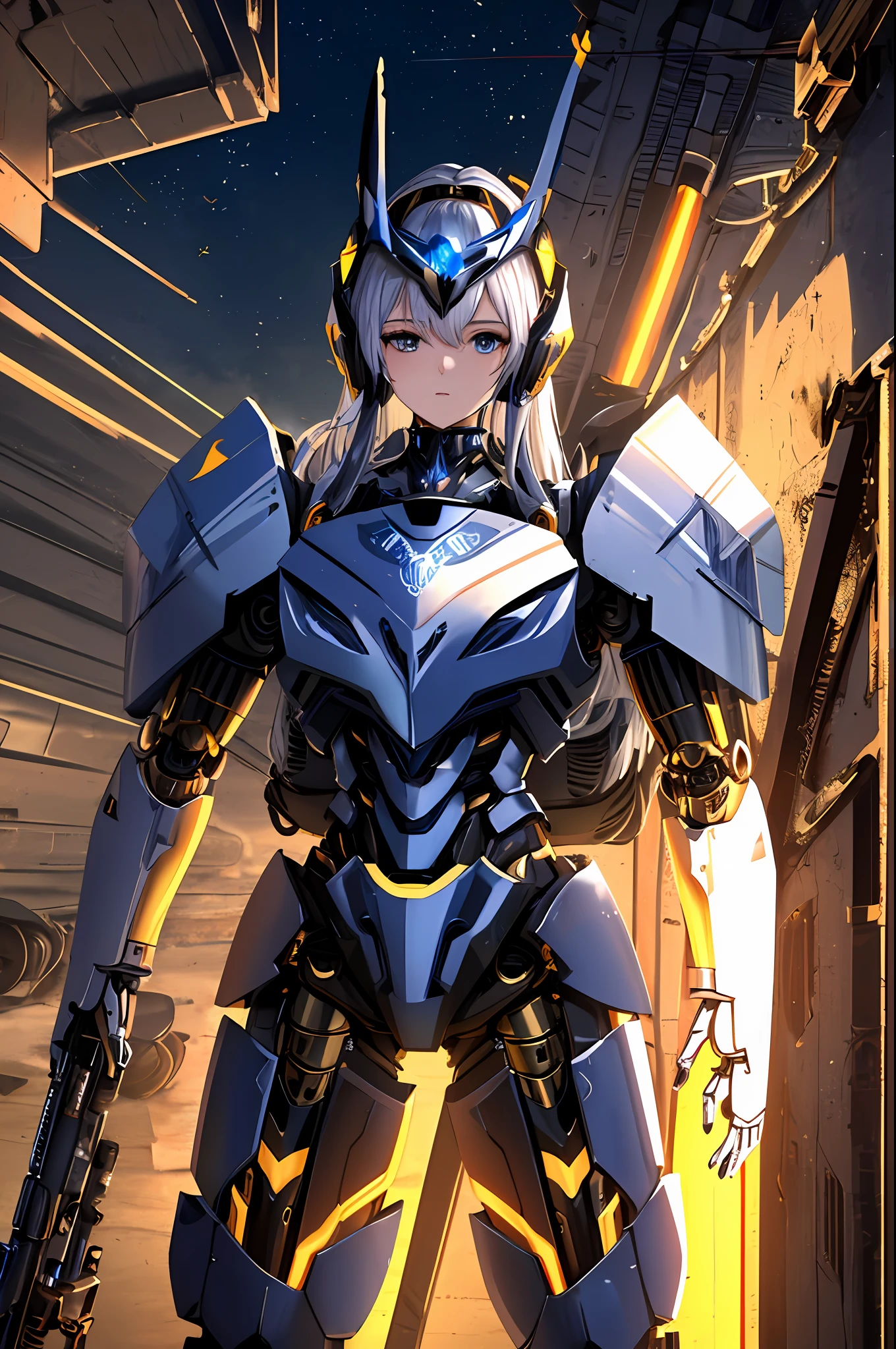 Top quality, masterpieces, masterpieces, highly detailed 8k wallpapers, female robots, headgear covered up to the ears, limbs of mechanical joints, the whole body covered with heavy mechanical armor, connected cables, tubes connecting the body, long white hair, thrusters and shields on both shoulders, open stance, cowboy_shot, devastated urban combat,