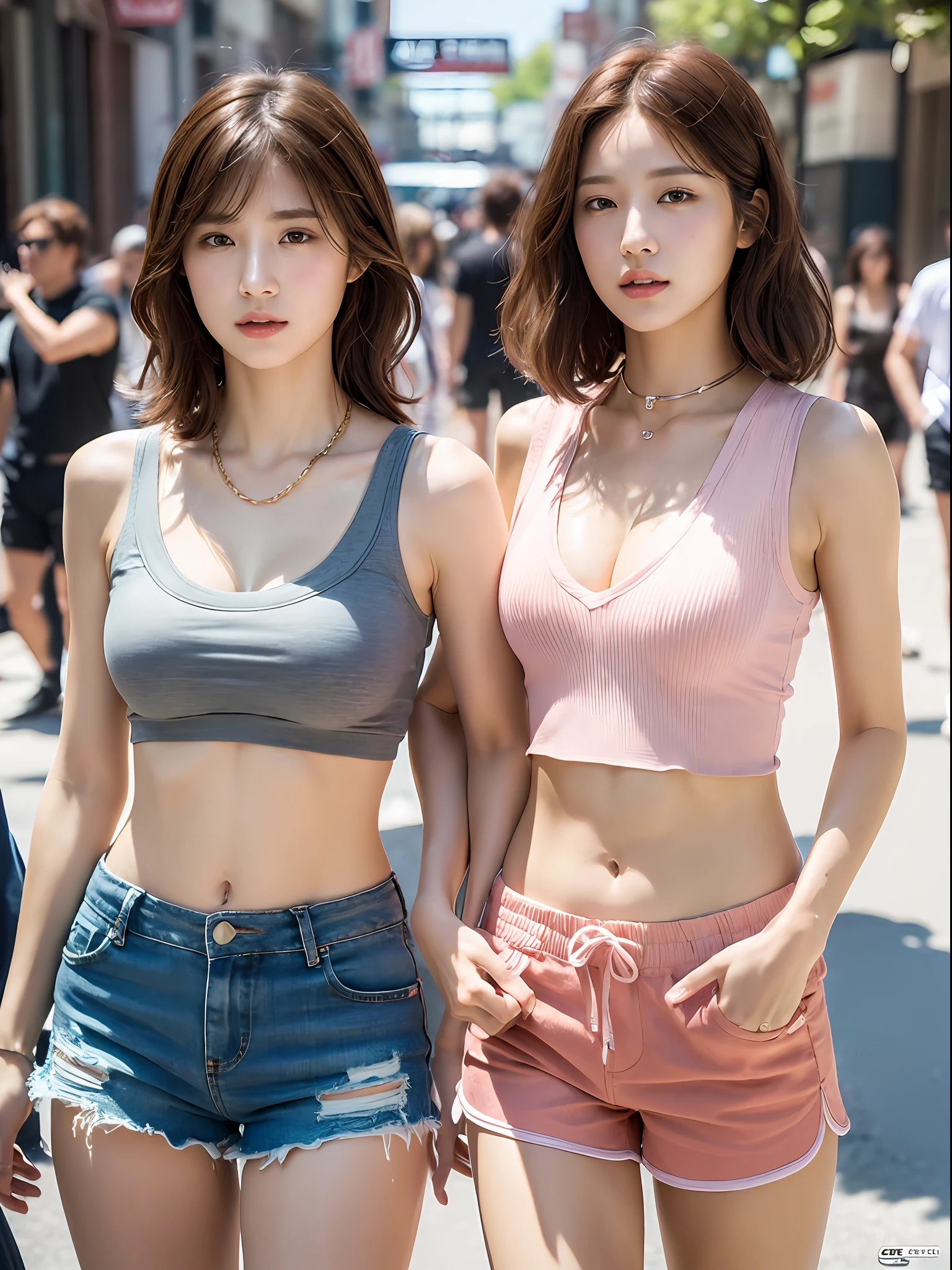 ((Middle breast, tomboy, head small)), Sunlight, Sunlight, (Chiseled abs: 1.1), (Perfect body: 1.1), (Short wavy hair: 1.2), Reddish brown hair, collar, chain, full body shot, crowded street, black pink bla, (((Shorts)), (Very detailed CG 8k wallpaper), (Very delicate and beautiful), (Masterpiece), (Best Quality: 1.0), (Ultra High Resolution: 1.0), beautiful lighting, perfect lightning, realistic shadows, [high resolution], detailed skin, super detail, glossy / seduction,