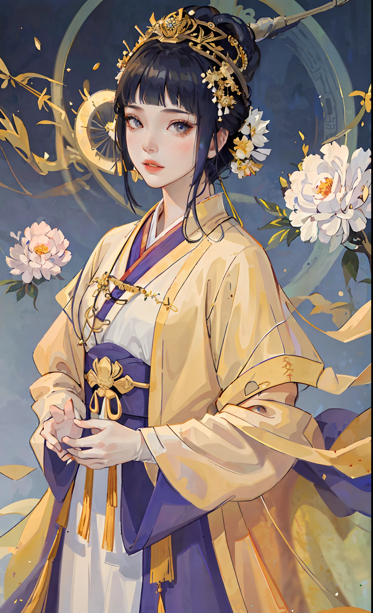 A girl, ancient Chinese costume, whole body, sunshine, clear face, clean white background, masterpiece, super detail, epic composition, ultra HD, high quality, extremely detailed, official art, uniform 8k wallpaper, super detail, 32k, ((blunt bangs)), extremely detailed character, detailed lips, dark blue hair, (((empress)))