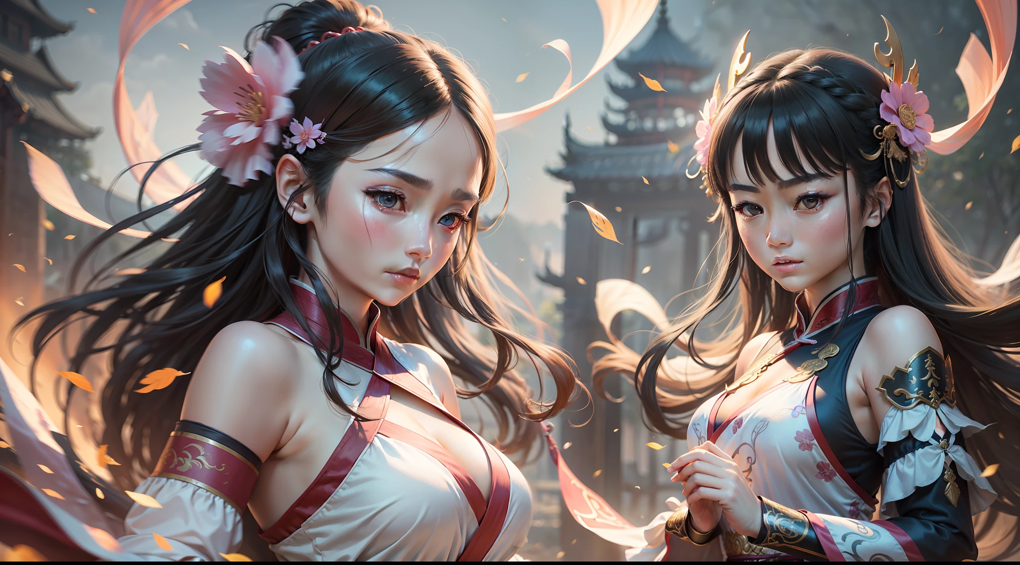 two girls, Wuxia costumes, An adult goddess, A young girl, high detail, motion blur, cinematic lighting, blurry foreground, panorama, UHD, retina, masterpiece, ccurate, textured skin, super detail, high details, highres, best quality