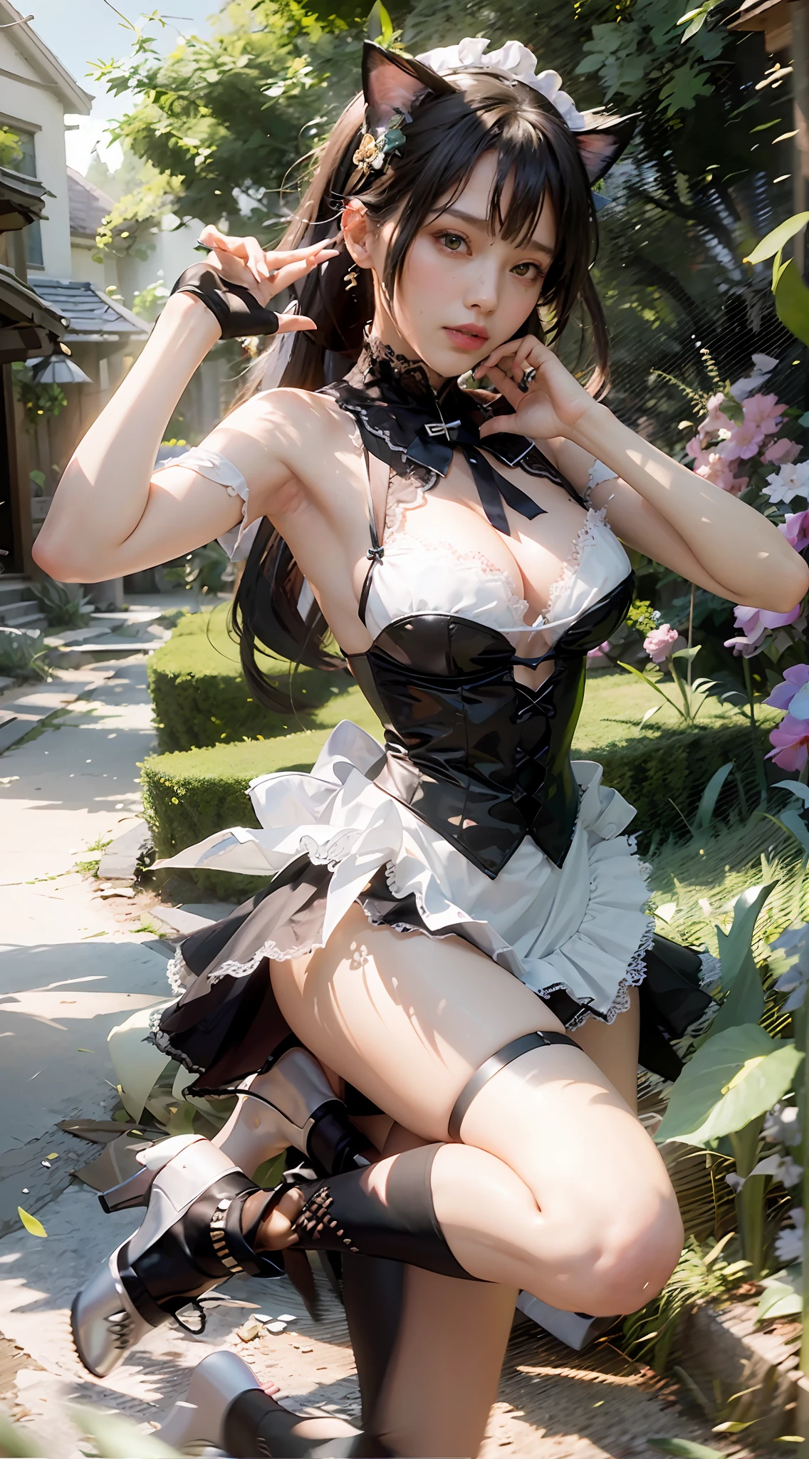 ((Best Quality)), ((Masterpiece)), (Details: 1.4), 3D, Single, A Beautiful Catlady Maid, (Maid Outfit, Lace Lace Dress: 1.9), (A Pair of Cat Ears: 1.6) (Green Pupil: 1.5) (High Heels: 1.4) HDR (High Dynamic Range), Ray Tracing, NVIDIA RTX, Super-Resolution, Unreal 5, Subsurface Scattering, PBR Textures, Post-processing, Anisotropic filtering, depth of field, maximum sharpness and sharpness, multi-layer textures, albedo and specular mapping, surface shading, accurate simulation of light-material interactions, perfect proportions, Octane Render, bicolor light, large aperture, low ISO, white balance, rule of thirds, 8K RAW,