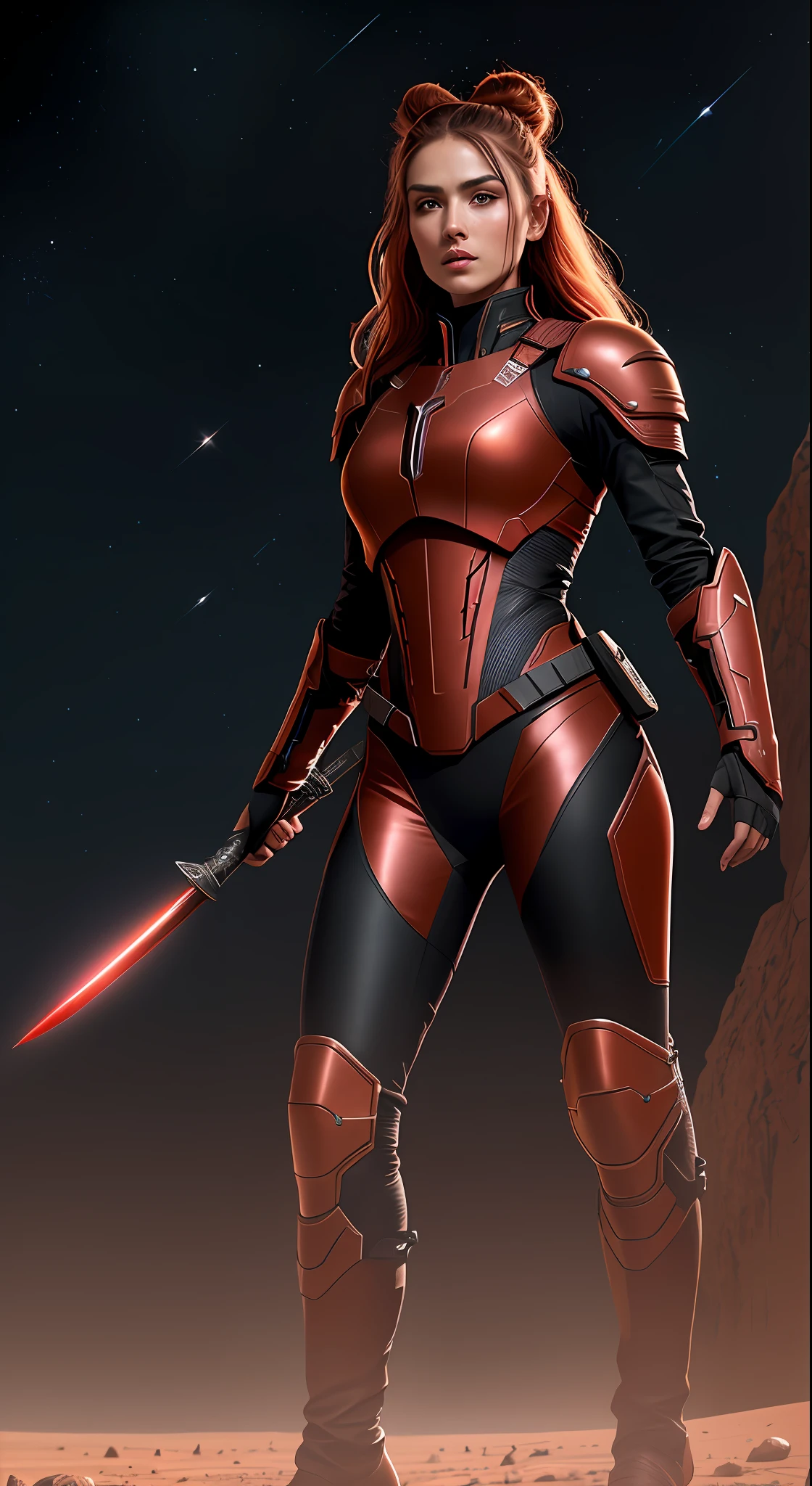 Beautiful female warrior of 20 years old, wearing tight red and black leather suit, long black leather high heel boots, holding long sword in the right hand, whole body from head to toe, on the Mars, ultra detailed face, topknot hair style, perfect body ratio, stars and nebular backgrounds, extraterrestrial, celestial, Martian, Cosmic, galactic,surface of Mars, hyperrealistic, chiaroscuro, volumetric lighting, ultra detailed, masterpiece, photorealistic, perfect contrast, perfect lighting, 8k resolution)