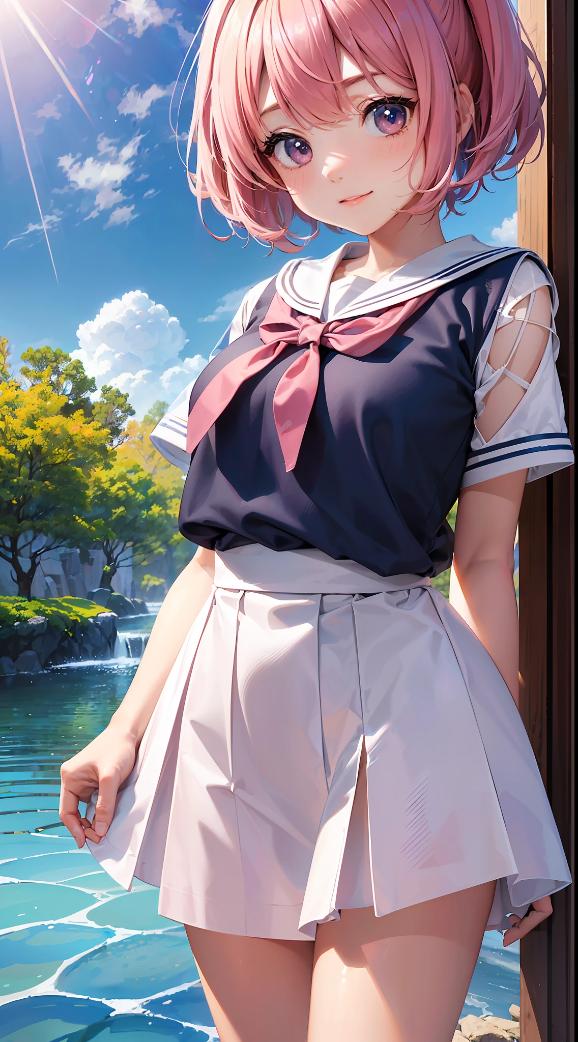 High resolution, ultra-detail, ((((2D))), Japan people, 1 girl, -yeld hischool girl, ((pink and gradated hair)), cute short-sleeved sailor suit, bob hair, dull bangs, finely detailed eyes, golden ratio face, sunlight, iridescent light grains, complex light reflection, background blue sky, transparency, hidden beauty, smile, deep depiction, full body, full of energy, looking at the viewer, fantastic depictions, complex attractions,