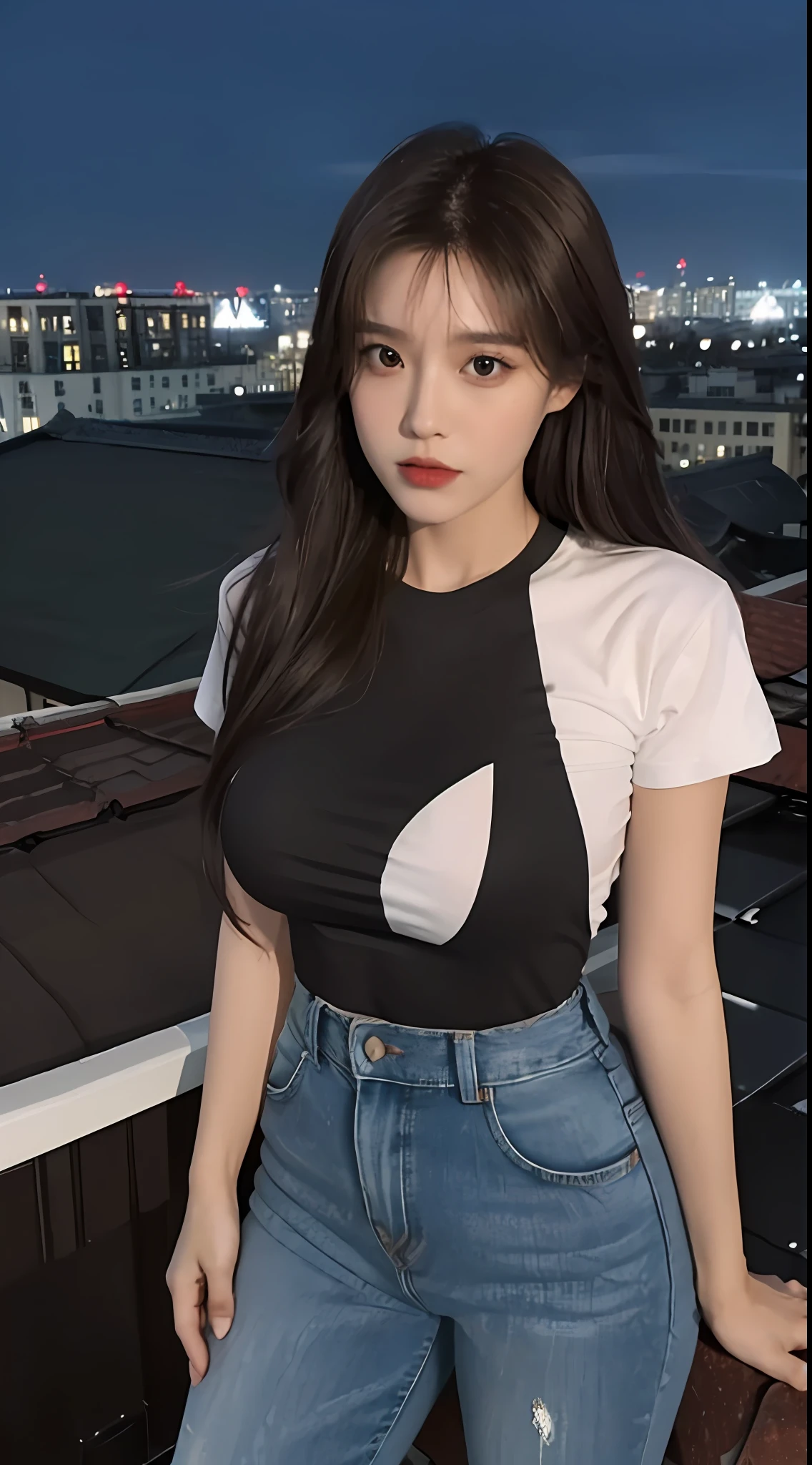 ((Midnight, Best quality, 8k, Masterpiece :1.3)), Whole body, Long legs, Sharp focus :1.2, A pretty woman with perfect figure :1.4, Slender abs :1.1, ((Dark brown hair, Big breasts :1.2)), (White tight tshirt, Jean bib, Standing:1.2), ((Night city view, Rooftop:1.3)), Highly detailed face and skin texture, Detailed eyes, Double eyelid, no clothes