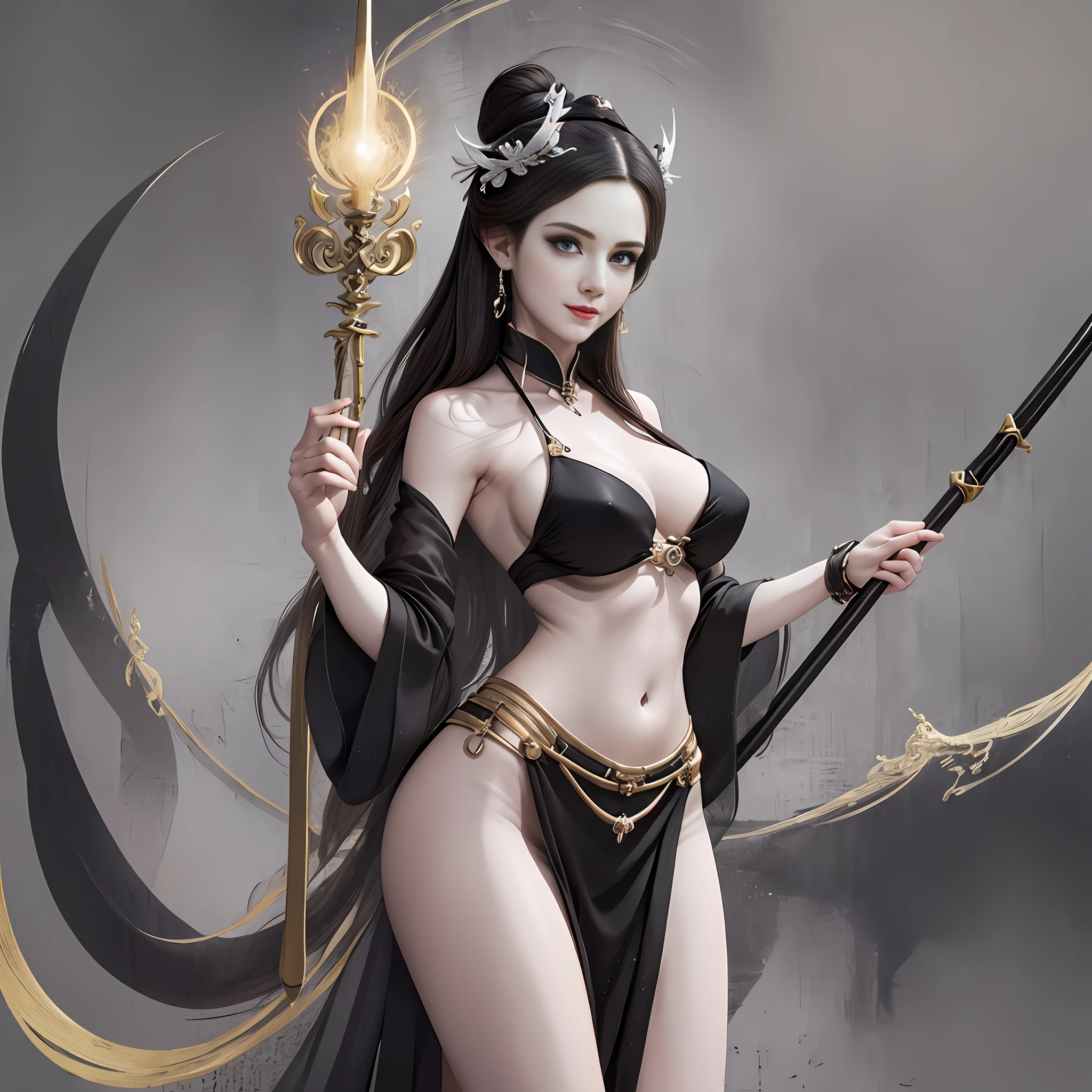 Masterpiece, 8k wallpaper, great master black and white work, sexy tribal mature woman in sexy costume holding spear standing on the land of magnificent barbaric world, bikini, mature body, slender legs, perfect abdomen, exquisite facial details, beautiful character painting, highly detailed exquisite fan art, full body standing, full body fairy, G Liulian's artistic style, inspired by Lan Ying, by Yang J, she holds a long staff, inspired by Du Qiong, inspired by Qu Leilei, inspired by Wu Zhun Shifan, the ultimate dark art, perfect model height, 180cm height, charming smile, soft professional cinematic lighting, light and shadow following, perfect contour light