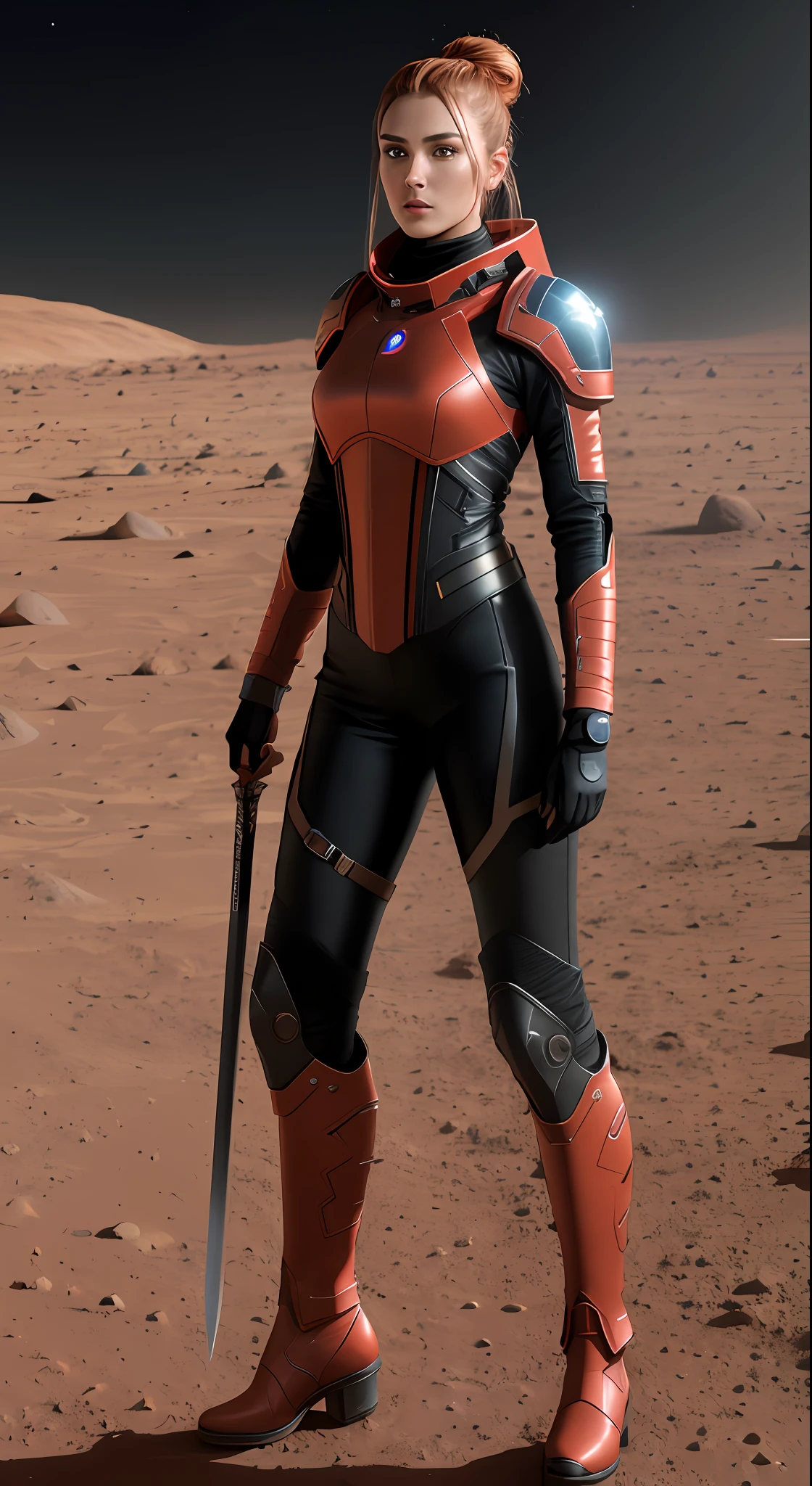 Beautiful female warrior of 20 years old, wearing tight red and black leather suit, long black leather high heel boots, holding long sword in the right hand, whole body from head to toe, on the Mars, ultra detailed face, topknot hair style, perfect body ratio, stars and nebular backgrounds, extraterrestrial, celestial, Martian, Cosmic, galactic,surface of Mars, hyperrealistic, chiaroscuro, volumetric lighting, ultra detailed, masterpiece, photorealistic, perfect contrast, perfect lighting, 8k resolution)