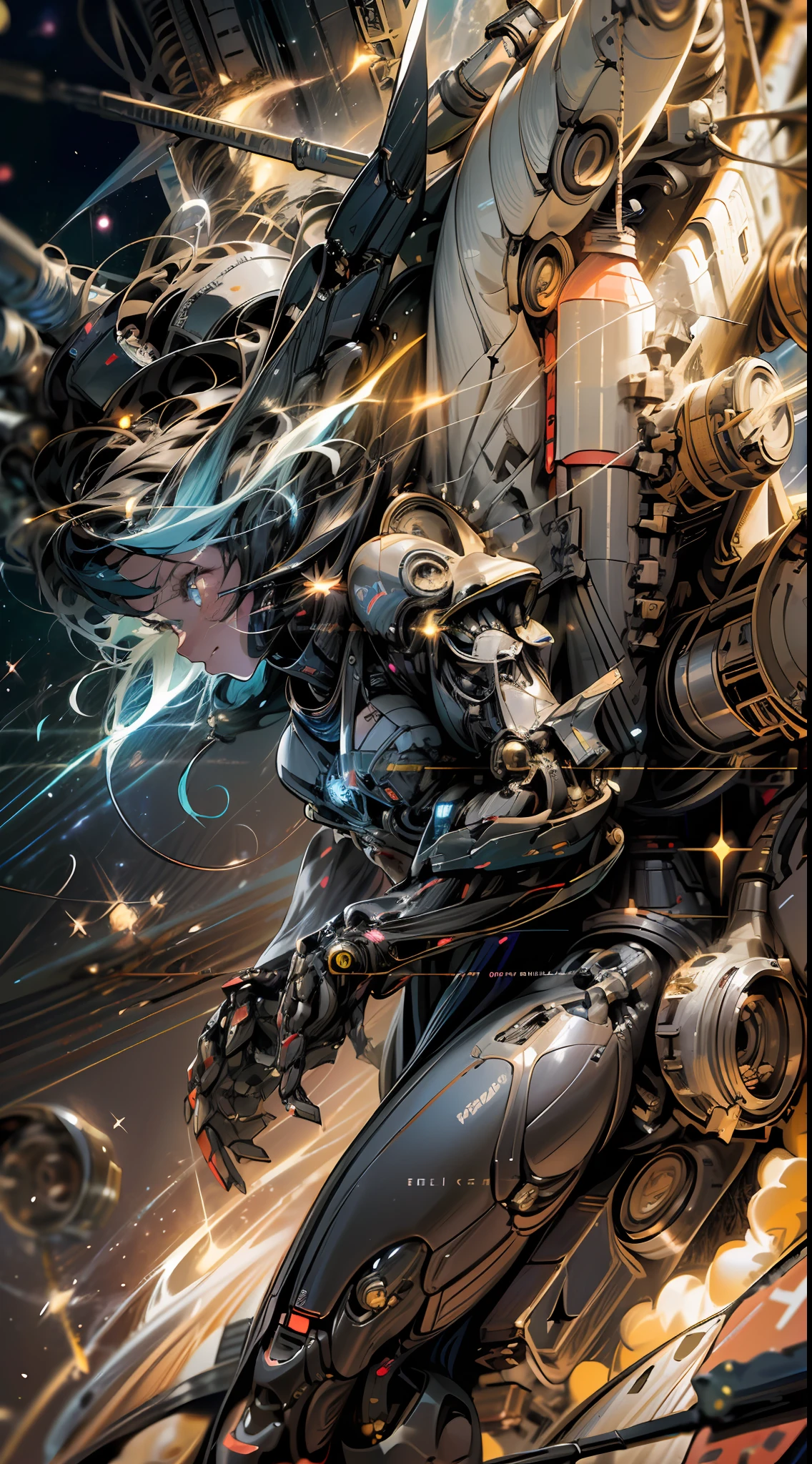 In space, huge planet, nebula, holding weapons, no humans, glowing, (female mech: 1.2), female robot, giant mechanical wings, mech wings, (flying in space: 1.3), comet fragments , glowing eyes, red mecha, science fiction, space, reality, mecha, galaxy background, neon lights, cyberpunk, HD wallpaper, CG art