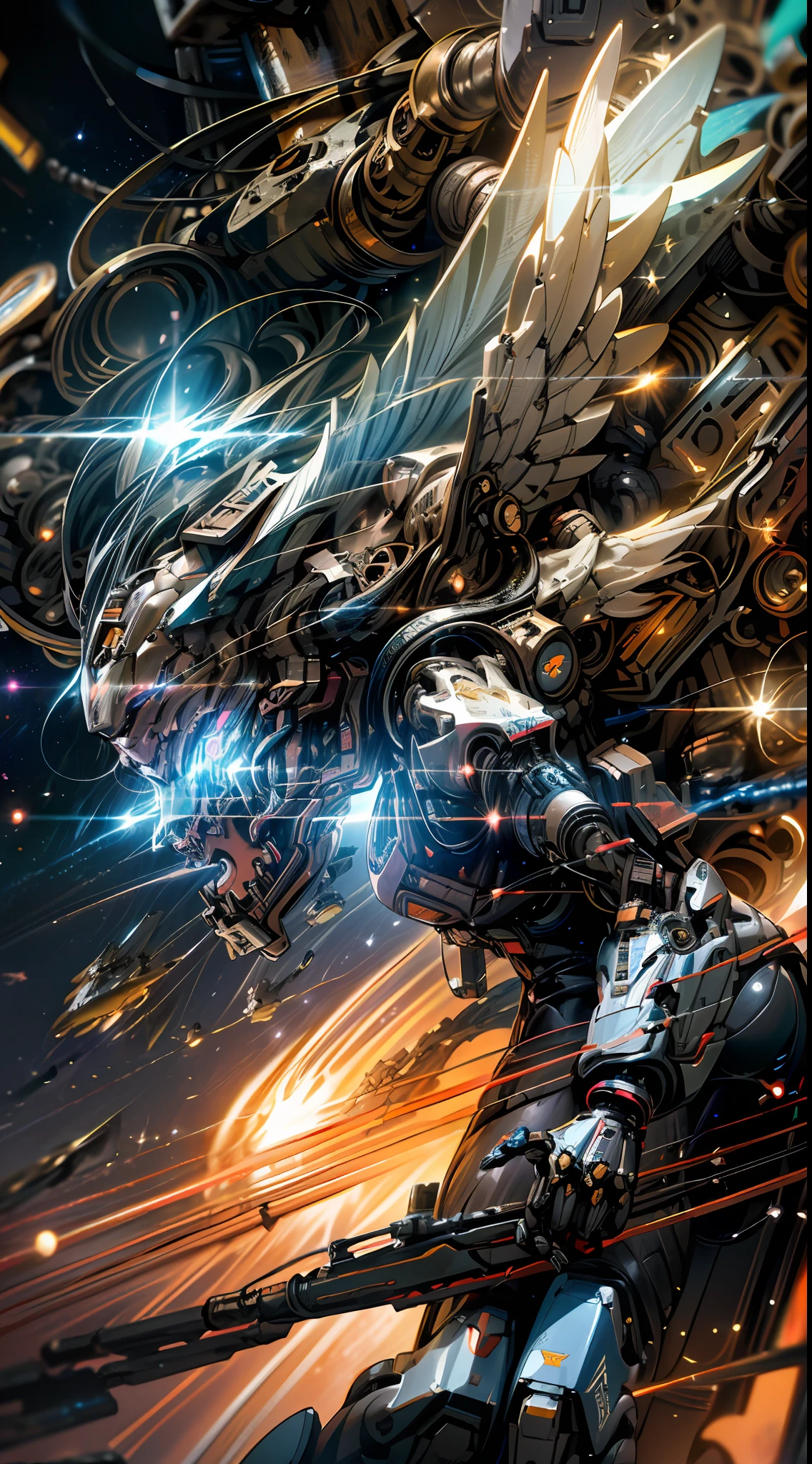 In space, huge planet, nebula, holding weapons, no humans, glowing, (female mech: 1.2), female robot, giant mechanical wings, mech wings, (flying in space: 1.3), comet fragments , glowing eyes, red mecha, science fiction, space, reality, mecha, galaxy background, neon lights, cyberpunk, HD wallpaper, CG art