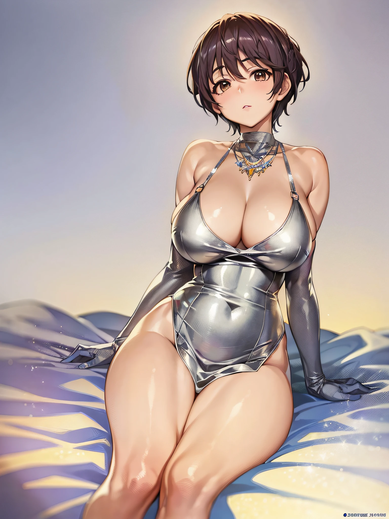 (masterpiece)), ((best quality)), (ultra-detailed), ((kawaii)), cute, (lovely), ((extremely detailed)), 4K, (8K), best quality, (beautiful),(((world-class quality))), extremely detailed, high resolution, (detailed shaded pretty face), full body, ager, solo, (((gigantic breasts))), (((sagging breasts))), glistening skin, on back, on the bed, LuxuriousWheelsCostume, silver dress, oikawa shizuku