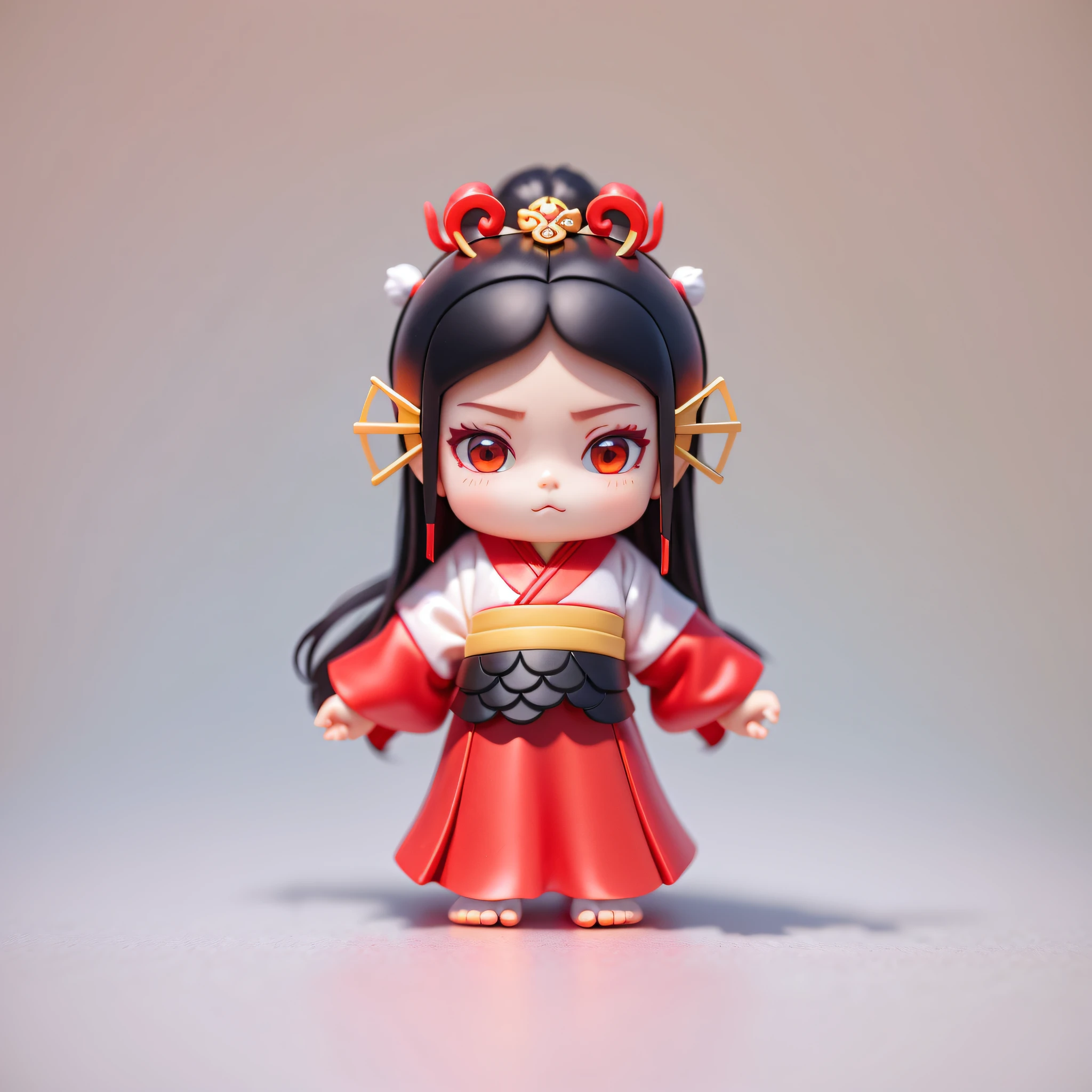 (Digital Painting), (Best Quality), Blind Box Toy Style, A , Red Hanfu, Han Dynasty Headdress, Black Hair, Koi, White Background, Red Clothes, Barefoot, Cool, Drag, Angry Emoji --auto --s2