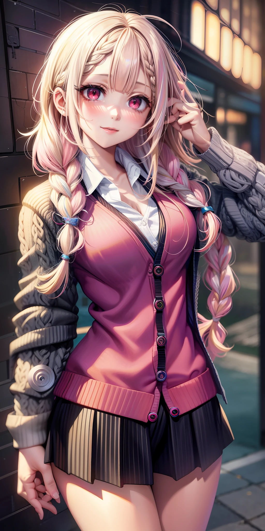 ((anime)),(animation),(GAL),Medium hair, (single braid hair:1.3), beveled bangs, two-tone hair, blonde hair, (pink hair), round face, red eyes, (drooping eyes),((tareme)), [black skin],light smile,((cute)),1 girl,solo,(cardigan:1.4),[cleavage cutout]