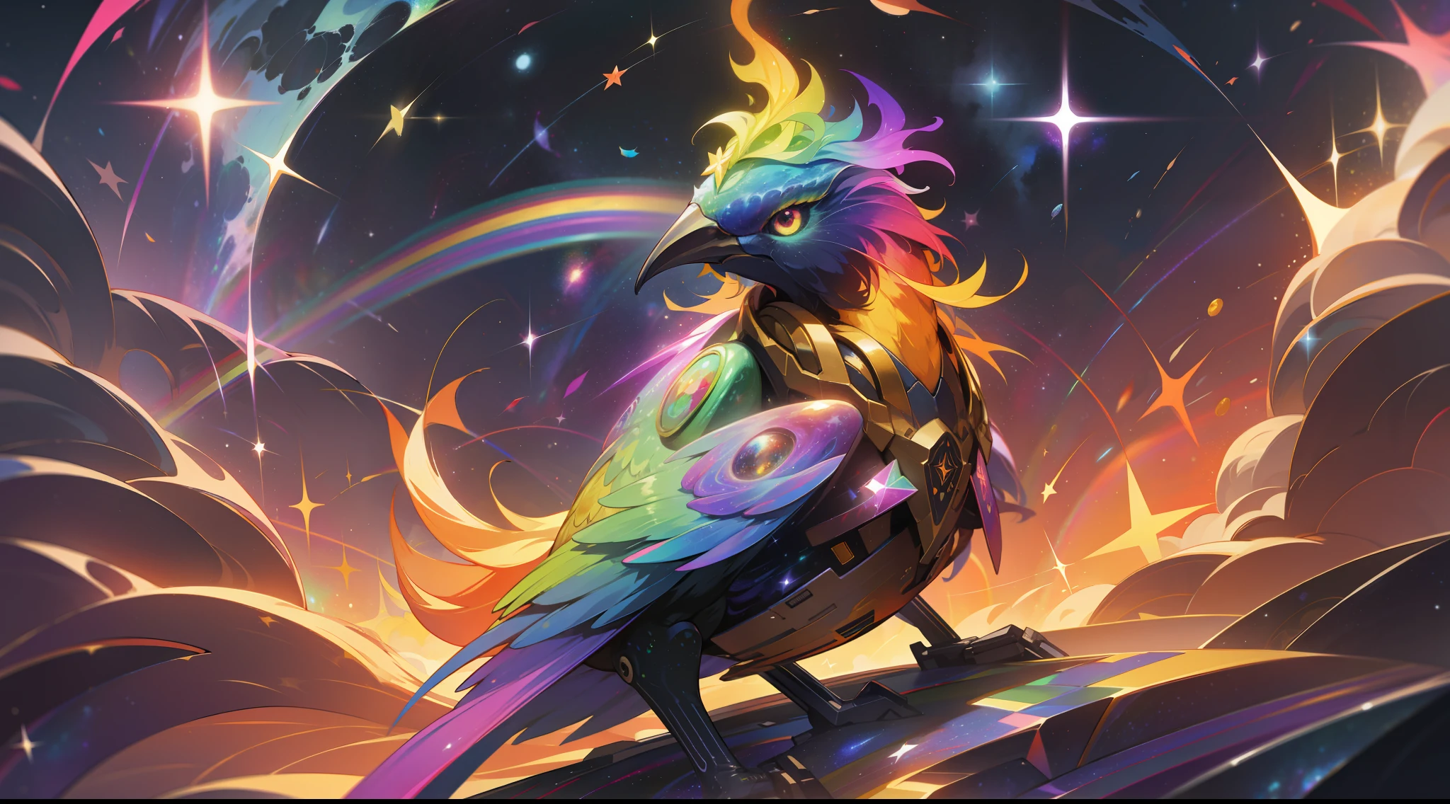 a rainbow colored bird, rainbow colored cosmic nebula background, stars, galaxies