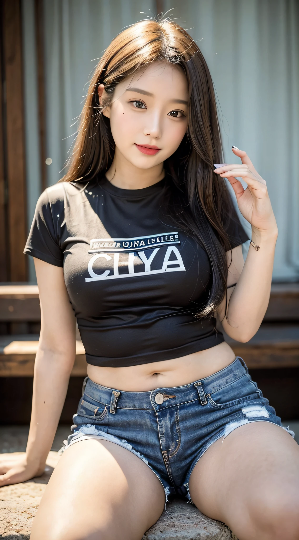 ((Best Quality, 8k, Masterpiece: 1.3)), Chubby Beauty: 1.4, 30 years old, Chinese female, mature, Bust fullness: 1.6, Thigh Volume: 1.6, Long hair, Highly detailed face and skin texture, Delicate eyes, Double eyelids, Chubby face, thin lips, smile, fair skin, (T-shirt, casual shorts: 1.6), side laying, landscape background