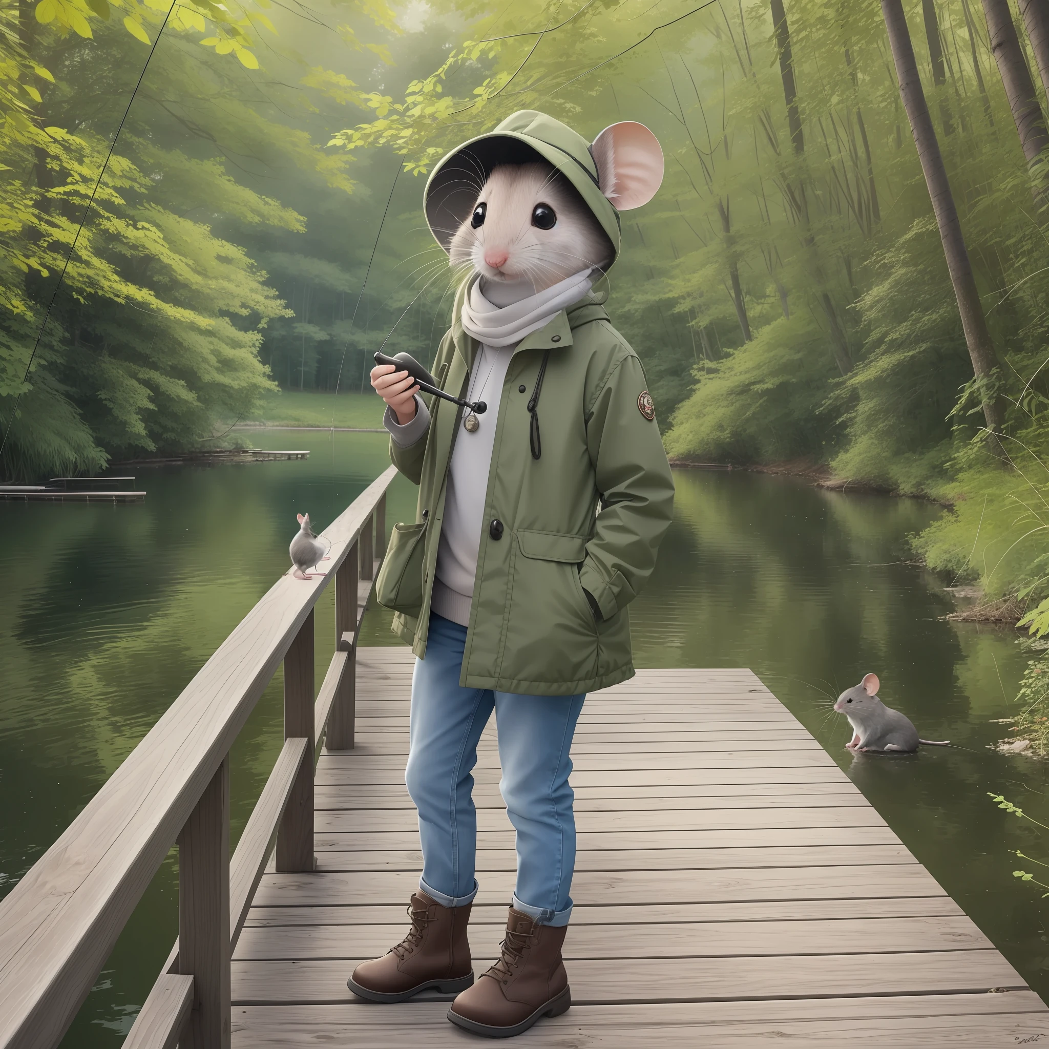 The mouse is small and cute with a gray coat and large round ears. She wears a small fisherman's hat on her head and holds a tiny fishing rod in her little hands. It stands on a wooden footbridge that leads into a calm, clear lake. In the background you can see a few green trees and a gentle forest landscape. The mouse seems to fish patiently while waiting for the perfect fish. Her little twitches with excitement as she excitedly waits for her fishing rod to move. The scene is peaceful and soothing, and you can almost imagine the sun slowly setting as the mouse fishes on the lakeshore. --auto --s2