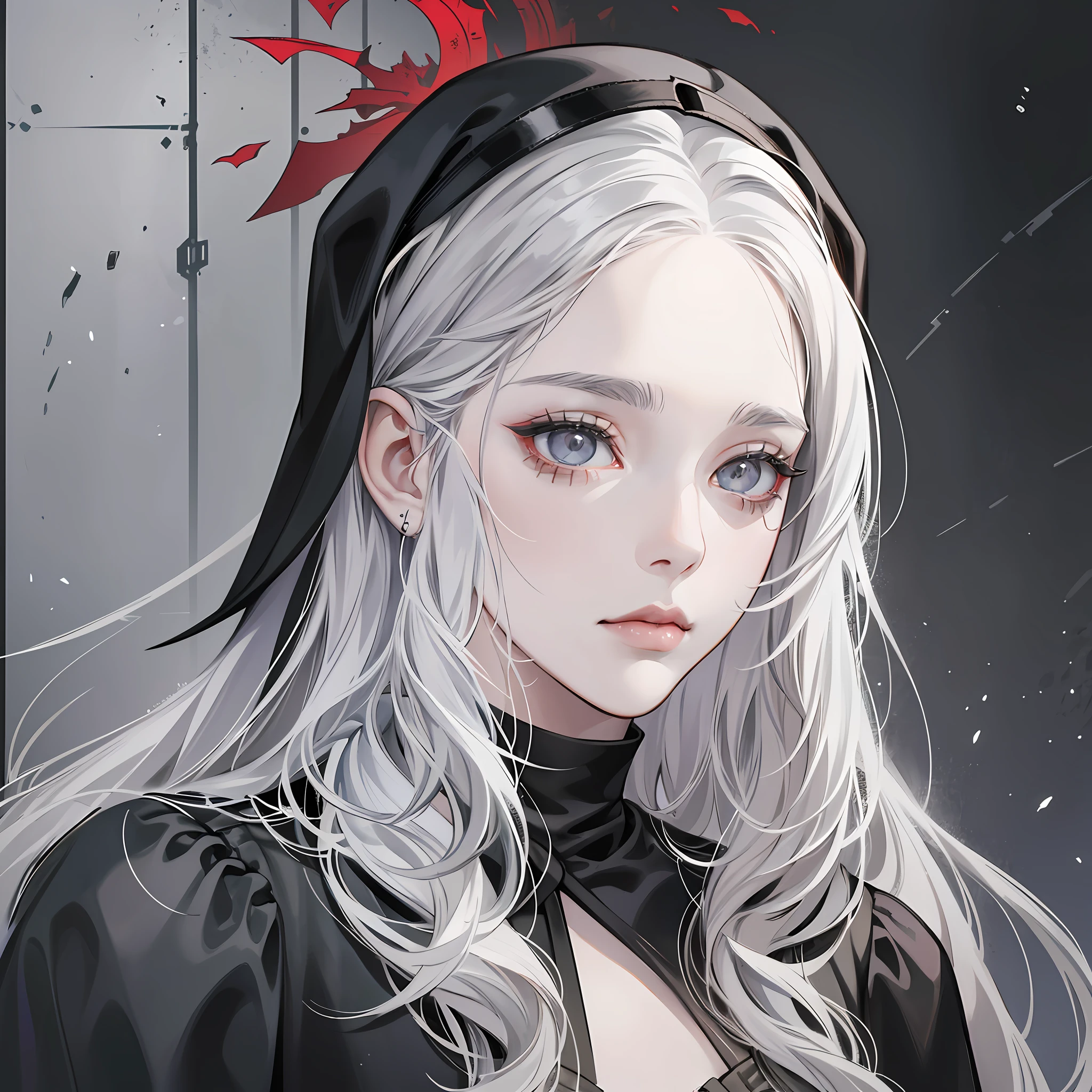 a woman with long white hair and gray eyes in a black and white dress, an imvu inspired by Martina Joanna, an obsessively beautiful zombie inspired by Takeshi Obata, a portrait of Lady Mary pale as marble, Griffith from Berserk, a portrait of an old necromancer, Billie Eilish as a sad nun --auto --s2