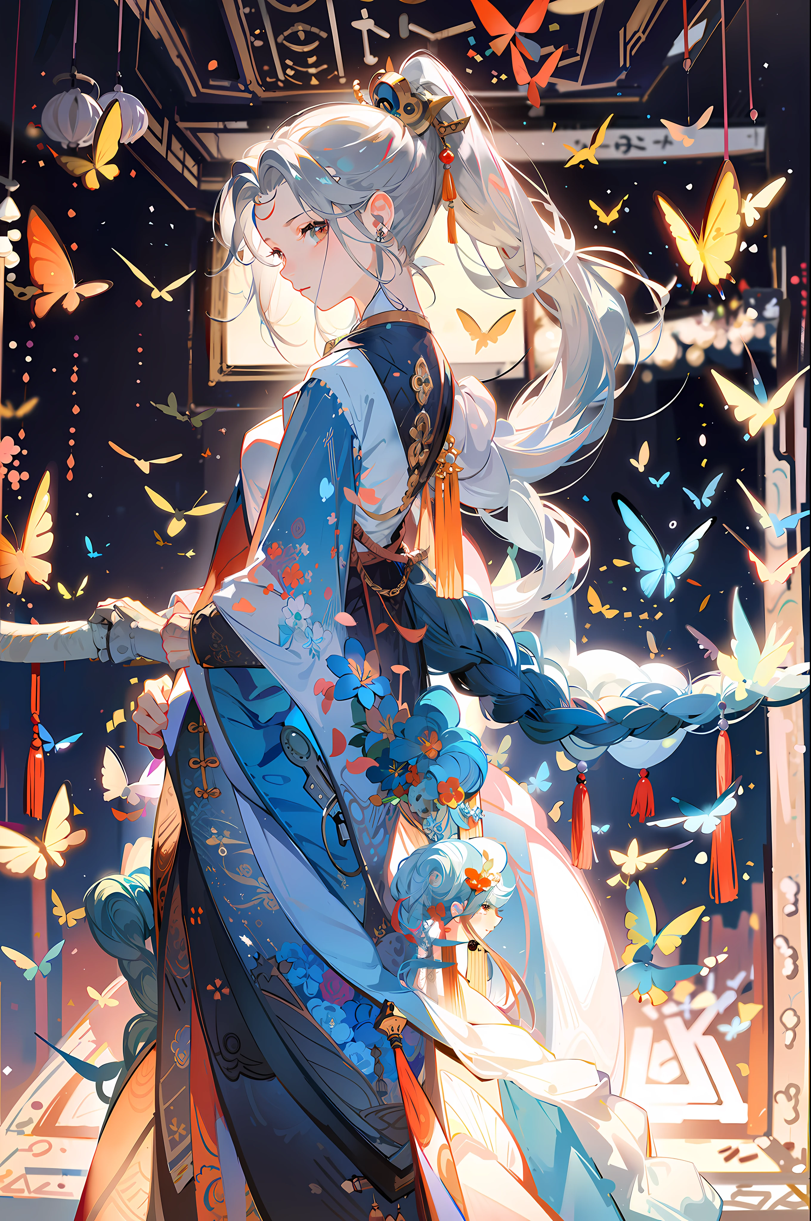 , (Masterpiece: 1.2, High Quality), Ultra High Quality, 8K, Scattering Confetti, (pixiv: 1.4), Gombi painting of the Song Dynasty, (Silver ponytail)