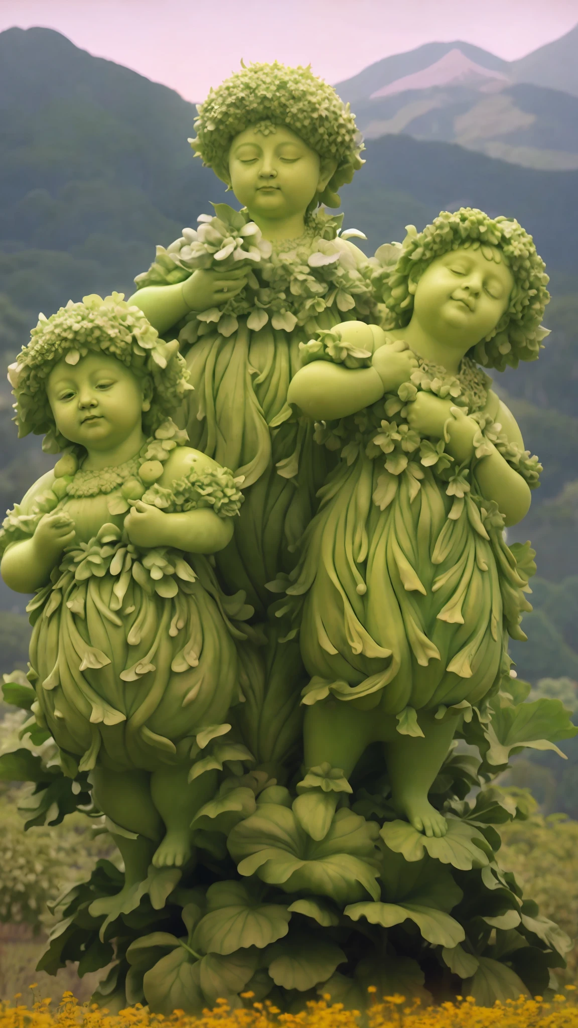 there are three statues of cabbage heads on a field, magical garden plant creatures, humanoids overgrown with flowers, deity of hydrangeas, 3 spring deities, baroque vaporwave statue, ceramic statue, human babies, cgi clay sculpture, big video statues, statues, giant clay statue, lettuce, kewpie, john park, screenshot from guro anime