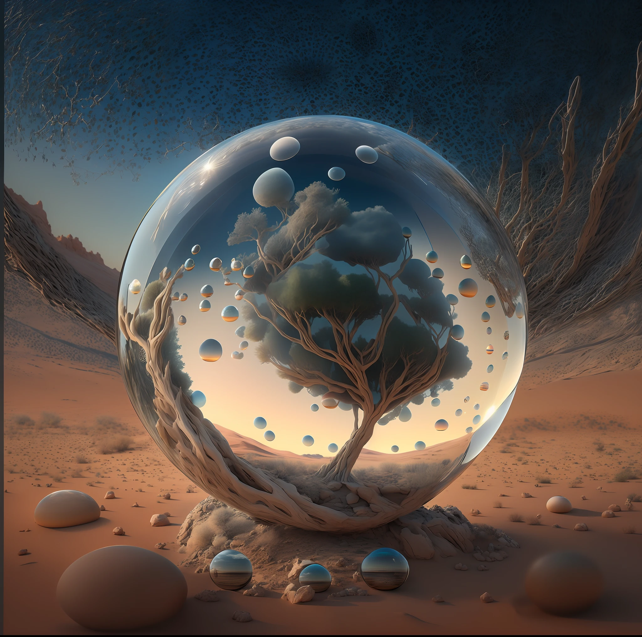 arafed image of a tree inside a glass ball on a desert landscape, tree of life inside the ball, surrealistic digital artwork, surrealism 8k, surreal digital art, surreal art, surreal 3 d render, 3d render digital art, marc adamus, surreal concept art, 3 d render beeple, stylized digital art, 4 k surrealism