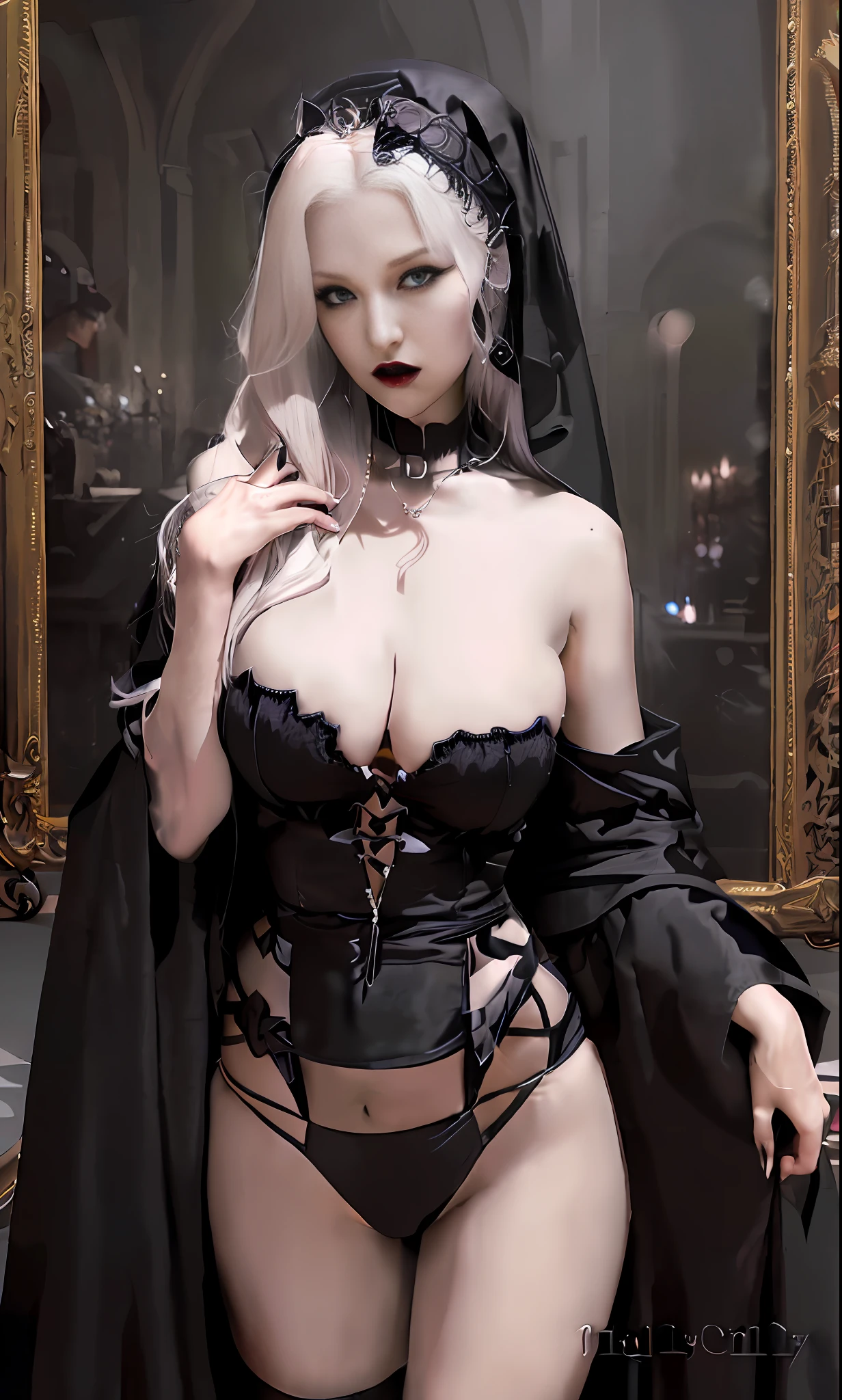 arafed woman in a black robe and a black cape, blonde goddess, pale goth beauty, vampire nun, nun outfit, gothic maiden, nun fashion model, gothic maiden of the dark, beautiful succubus, beautiful elegant demon queen, an elegant gothic princess, behind her a gothic cathedral, classical witch, dark goth queen, loish and wlop