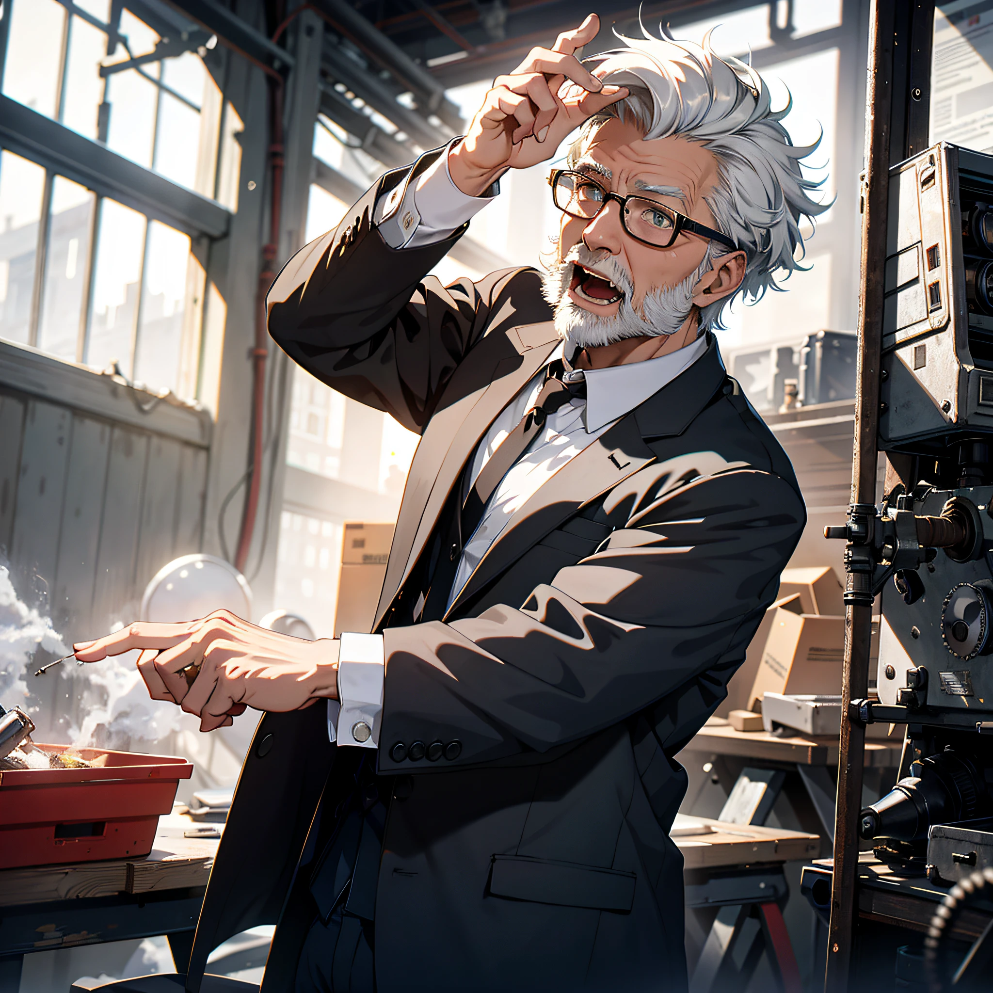 Absurd resolution, high resolution, (masterpiece: 1.4), hyper-detail, inside an abandoned factory, an old man with short white hair dressed as a scientist (1.5), very excited expression, open mouth, high-tech workbench, tech-sense screen, tech-tech robotic arm, blazer white shirt